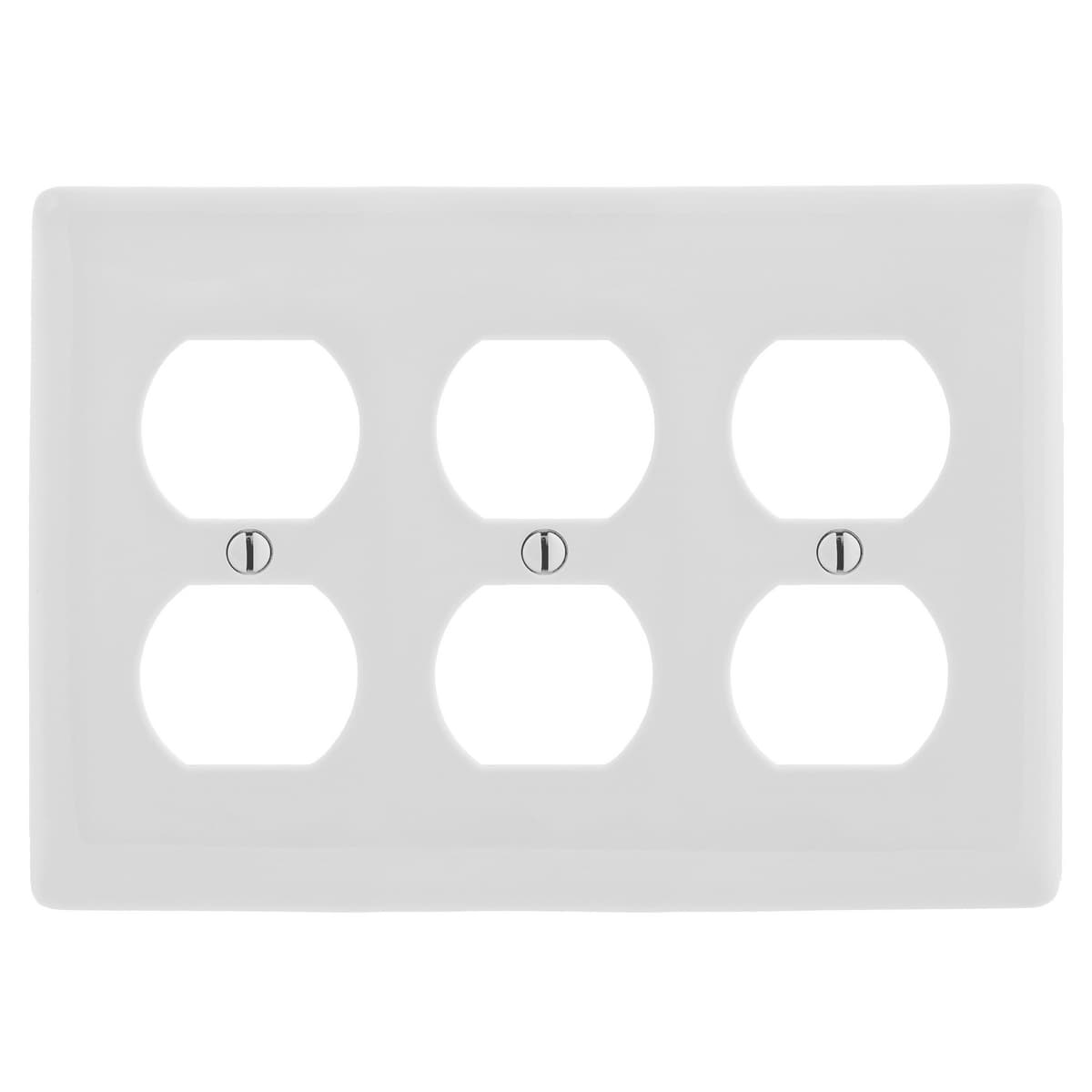 Hubbell NP83W Wallplates and Box Covers, Wallplate, Nylon, 3-Gang, 3) Duplex, White  ; Reinforcement ribs for extra strength ; High-impact, self-extinguishing nylon material ; Captive screw feature holds mounting screw in place ; Standard Size is 1/8" larger to give yo Hubbell NP83W Wallplates and Box Covers, Wallplate, Nylon, 3-Gang, 3) Duplex, White  ; Reinforcement ribs for extra strength ; High-impact, self-extinguishing nylon material ; Captive screw feature holds mounting screw in place ; Standard Size is 1/8" larger to give yo