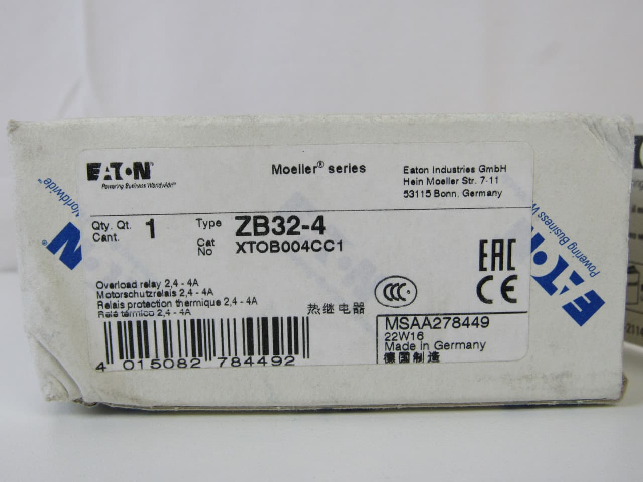 Eaton XTOB004CC1 XTOB004CC1 Eaton - Eaton XT IEC bimetallic overload relay, C-frame, 1NO-1NC contacts, 2.4-4A overload, Direct mount Eaton XTOB004CC1 XTOB004CC1 Eaton - Eaton XT IEC bimetallic overload relay, C-frame, 1NO-1NC contacts, 2.4-4A overload, Direct mount