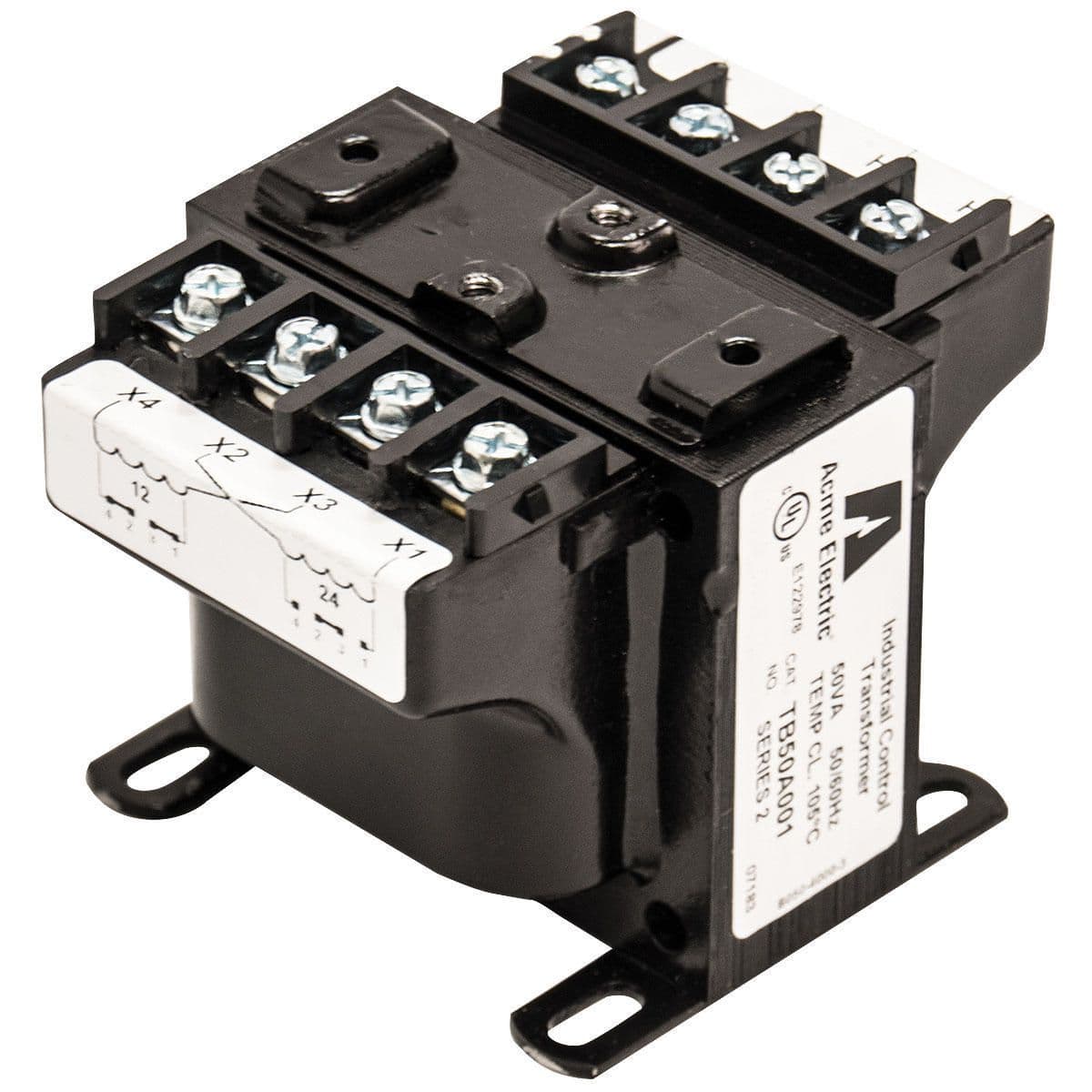 Hubbell TB100A008F4 Industrial Control Transformer .100 kVA, 240 X 480 Primary Volts - 120 Secondary Volts, Factory installed 2-pole primary block and secondary fuse clips (50 & 75 VA) ; Secondary fuse clips factory installed, where applicable ; Twenty year limited warranty Hubbell TB100A008F4 Industrial Control Transformer .100 kVA, 240 X 480 Primary Volts - 120 Secondary Volts, Factory installed 2-pole primary block and secondary fuse clips (50 & 75 VA) ; Secondary fuse clips factory installed, where applicable ; Twenty year limited warranty