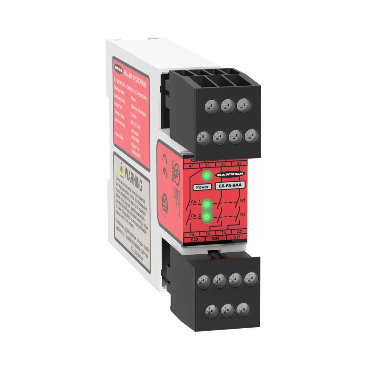 Banner ES-FA-9AA Safety Relay Module for E-Stop/Rope Pull/Interlock; Supply Voltage: 24 V ac/dc; Safety Input: 1 Dual/Single Channel; Safety Output: 3 NO, 6 A; Aux Output: None; Terminal Block: Removable; Width: 22.5 mm; Self-Checking Circuitry, Auto/Manual Reset Banner ES-FA-9AA Safety Relay Module for E-Stop/Rope Pull/Interlock; Supply Voltage: 24 V ac/dc; Safety Input: 1 Dual/Single Channel; Safety Output: 3 NO, 6 A; Aux Output: None; Terminal Block: Removable; Width: 22.5 mm; Self-Checking Circuitry, Auto/Manual Reset