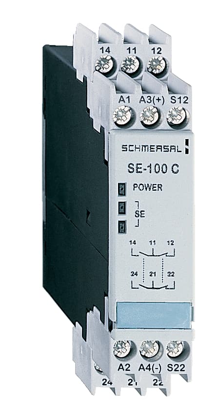 Schmersal SE-100 C AUSWERTEGERAET Safety-related tactile sensor; Safety edges; To monitor 1 ... 2 safety edge(s); 1 safety contact, STOP 0; 1 Signalling output Schmersal SE-100 C AUSWERTEGERAET Safety-related tactile sensor; Safety edges; To monitor 1 ... 2 safety edge(s); 1 safety contact, STOP 0; 1 Signalling output