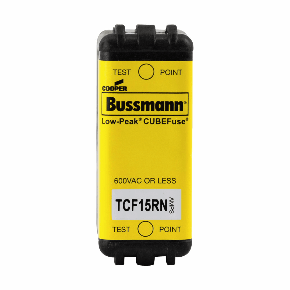 Cooper Bussmann TCF15RN TCF15RN Cooper Bussmann - Eaton Bussmann series TCF fuse, Finger safe, 600 Vac/300 Vdc, 15A, 300 kAIC at 600 Vac, 100 kAIC at 300 Vdc, Non-Indicating, Time delay, inrush current withstand, Class CF, CUBEFuse, Glass filled PES Cooper Bussmann TCF15RN TCF15RN Cooper Bussmann - Eaton Bussmann series TCF fuse, Finger safe, 600 Vac/300 Vdc, 15A, 300 kAIC at 600 Vac, 100 kAIC at 300 Vdc, Non-Indicating, Time delay, inrush current withstand, Class CF, CUBEFuse, Glass filled PES