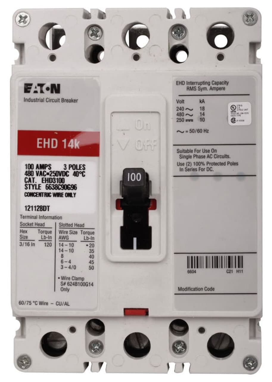 Eaton EHD3060 EHD3060 Eaton - Eaton Series C complete molded case circuit breaker, F-frame, EHD, Complete breaker, Fixed thermal, Fixed magnetic trip type, Three-pole, 60 A, Load side, 50/60 Hz Eaton EHD3060 EHD3060 Eaton - Eaton Series C complete molded case circuit breaker, F-frame, EHD, Complete breaker, Fixed thermal, Fixed magnetic trip type, Three-pole, 60 A, Load side, 50/60 Hz