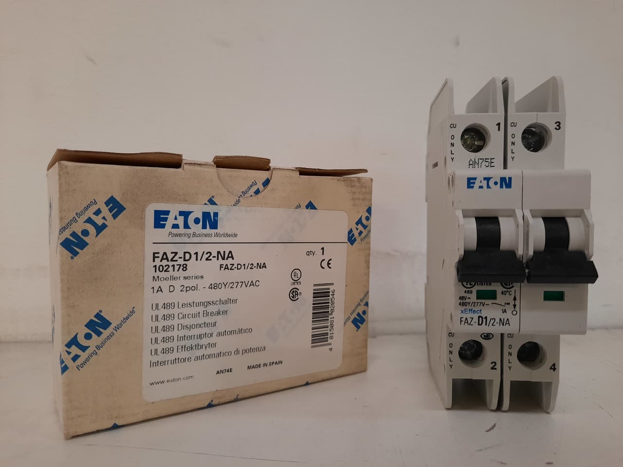 Eaton FAZ-D1/2-NA 277/480 VAC 50/60 Hz, 1 A, 2-Pole, 10/14 kA, 10 to 20 x Rated Current, Screw Terminal, DIN Rail Mount, Standard Packaging, D-Curve, Current Limiting, Thermal Magnetic Eaton FAZ-D1/2-NA 277/480 VAC 50/60 Hz, 1 A, 2-Pole, 10/14 kA, 10 to 20 x Rated Current, Screw Terminal, DIN Rail Mount, Standard Packaging, D-Curve, Current Limiting, Thermal Magnetic