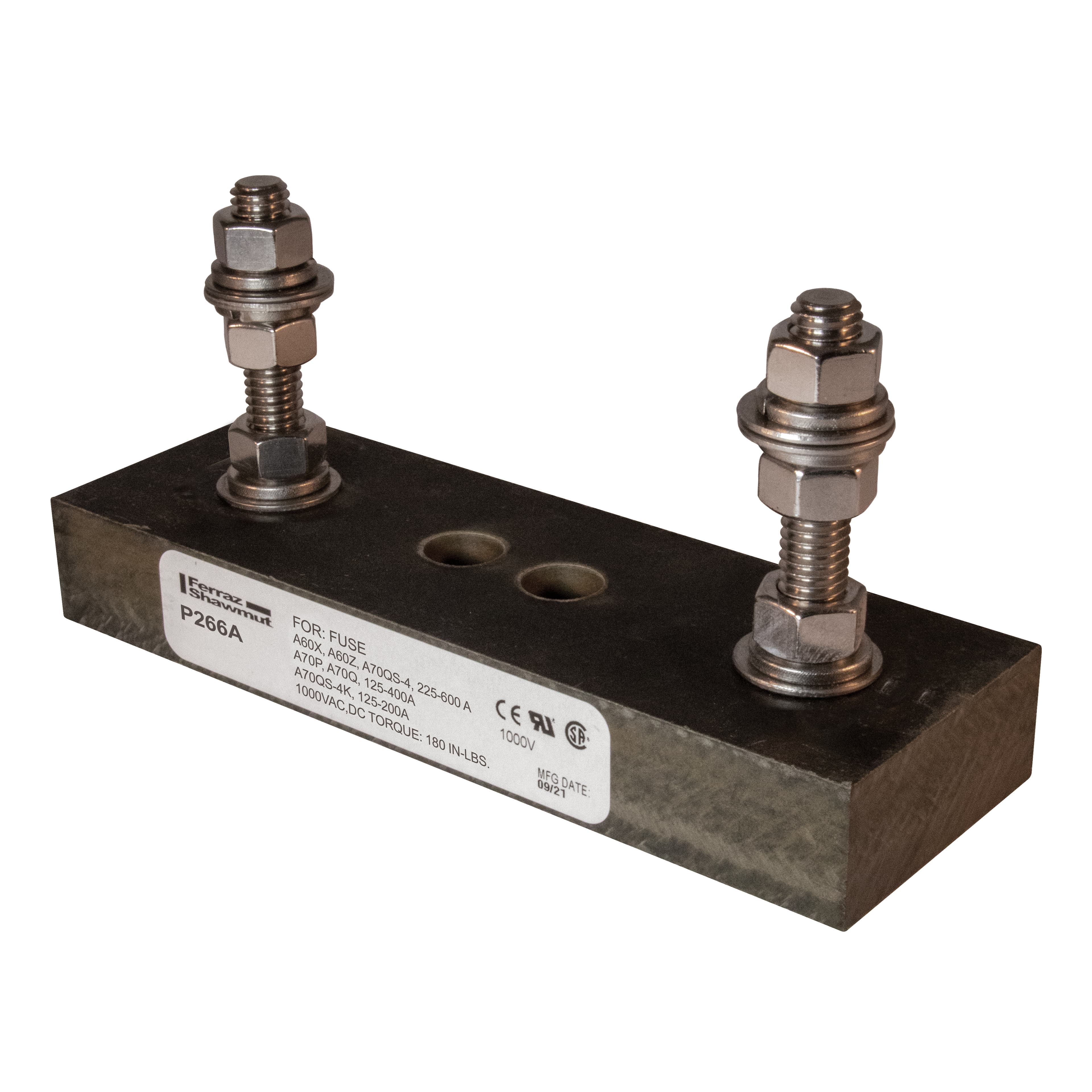 Mersen P266A P266A Mersen - Fuse Block 1000VAC 1000VDC 400A 1-Pole Stud center to center: 4.06 inch Mersen P266A P266A Mersen - Fuse Block 1000VAC 1000VDC 400A 1-Pole Stud center to center: 4.06 inch