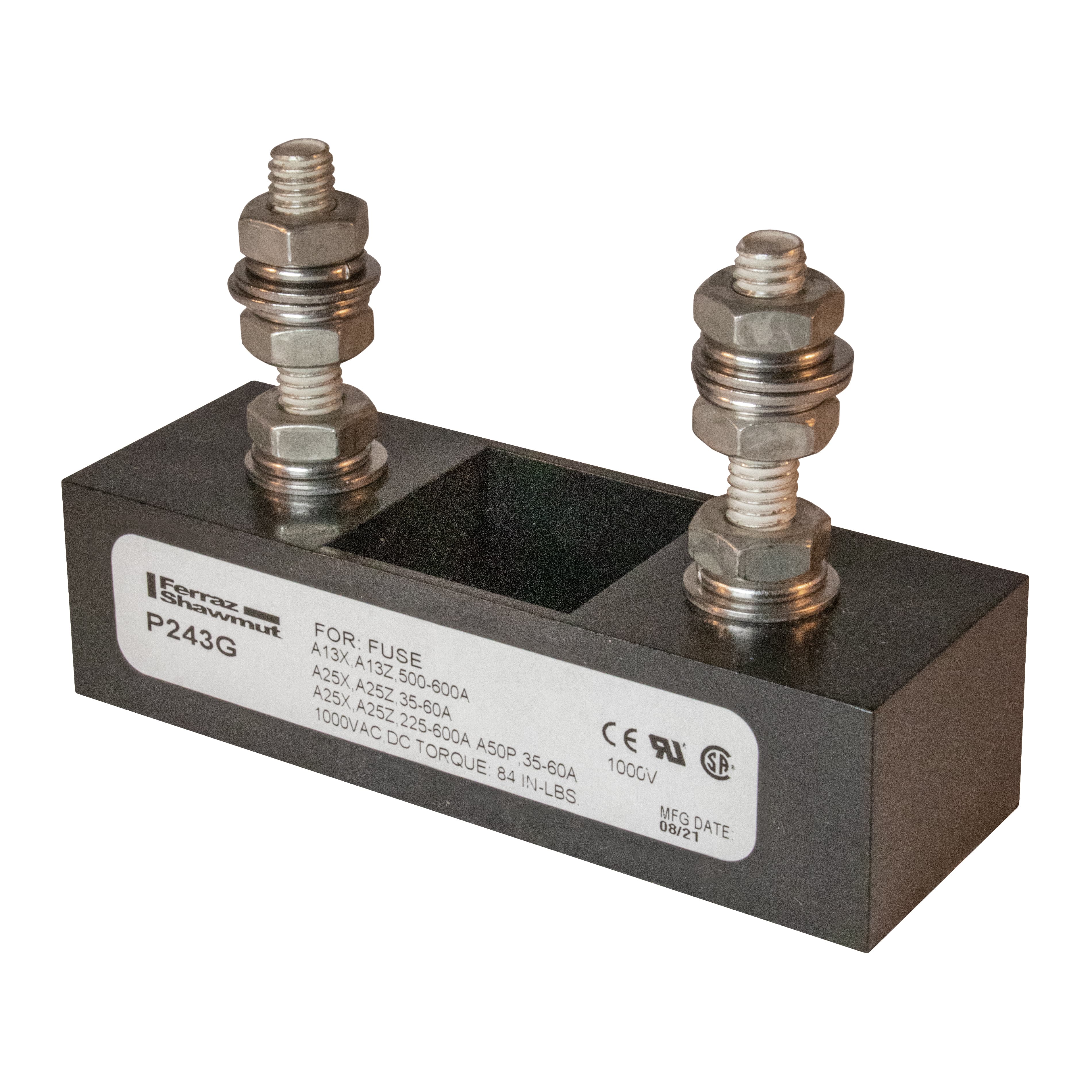 Mersen P243G P243G Mersen - Fuse Block 1000VAC 1000VDC 600A 1-Pole Stud center to center: 2.44 inch Mersen P243G P243G Mersen - Fuse Block 1000VAC 1000VDC 600A 1-Pole Stud center to center: 2.44 inch