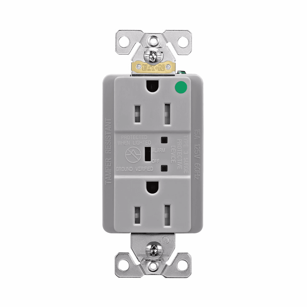 Eaton TR8262GYS TR8262GYS Eaton - Eaton TVSS receptacle, HG, LED indicat and alarm, #14 - #10 AWG, 15A, Comm specif, Wall/flush mnt, Bk and sd wire, 840J, 2 recept, -40° to 60°C, Gray, Brs, Strght blade, Hi-impct resist thermpls/nylon, 5-15R, Dplx 756443 756443 Eaton TR8262GYS TR8262GYS Eaton - Eaton TVSS receptacle, HG, LED indicat and alarm, #14 - #10 AWG, 15A, Comm specif, Wall/flush mnt, Bk and sd wire, 840J, 2 recept, -40° to 60°C, Gray, Brs, Strght blade, Hi-impct resist thermpls/nylon, 5-15R, Dplx 756443 756443