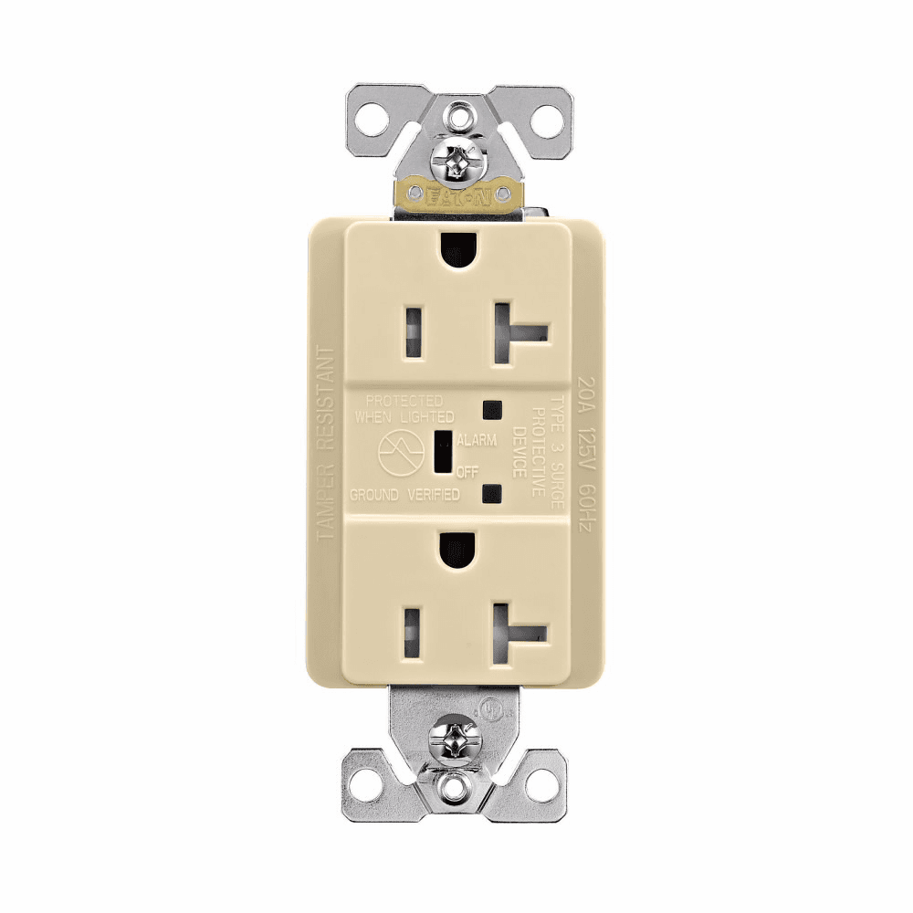 Eaton TR5362VS TR5362VS Eaton - Eaton TVSS receptacle, LED indicat and alarm, #14 - #10 AWG, 20A, Comm specif, Wall/flush mnt, Bk and sd wire, 840J, 2 recept, -40° to 60°C, Ivory, Brs, Strght blade, Hi-impct resist thermpls/nylon, 5-15R, Dplx 756894 756894 Eaton TR5362VS TR5362VS Eaton - Eaton TVSS receptacle, LED indicat and alarm, #14 - #10 AWG, 20A, Comm specif, Wall/flush mnt, Bk and sd wire, 840J, 2 recept, -40° to 60°C, Ivory, Brs, Strght blade, Hi-impct resist thermpls/nylon, 5-15R, Dplx 756894 756894
