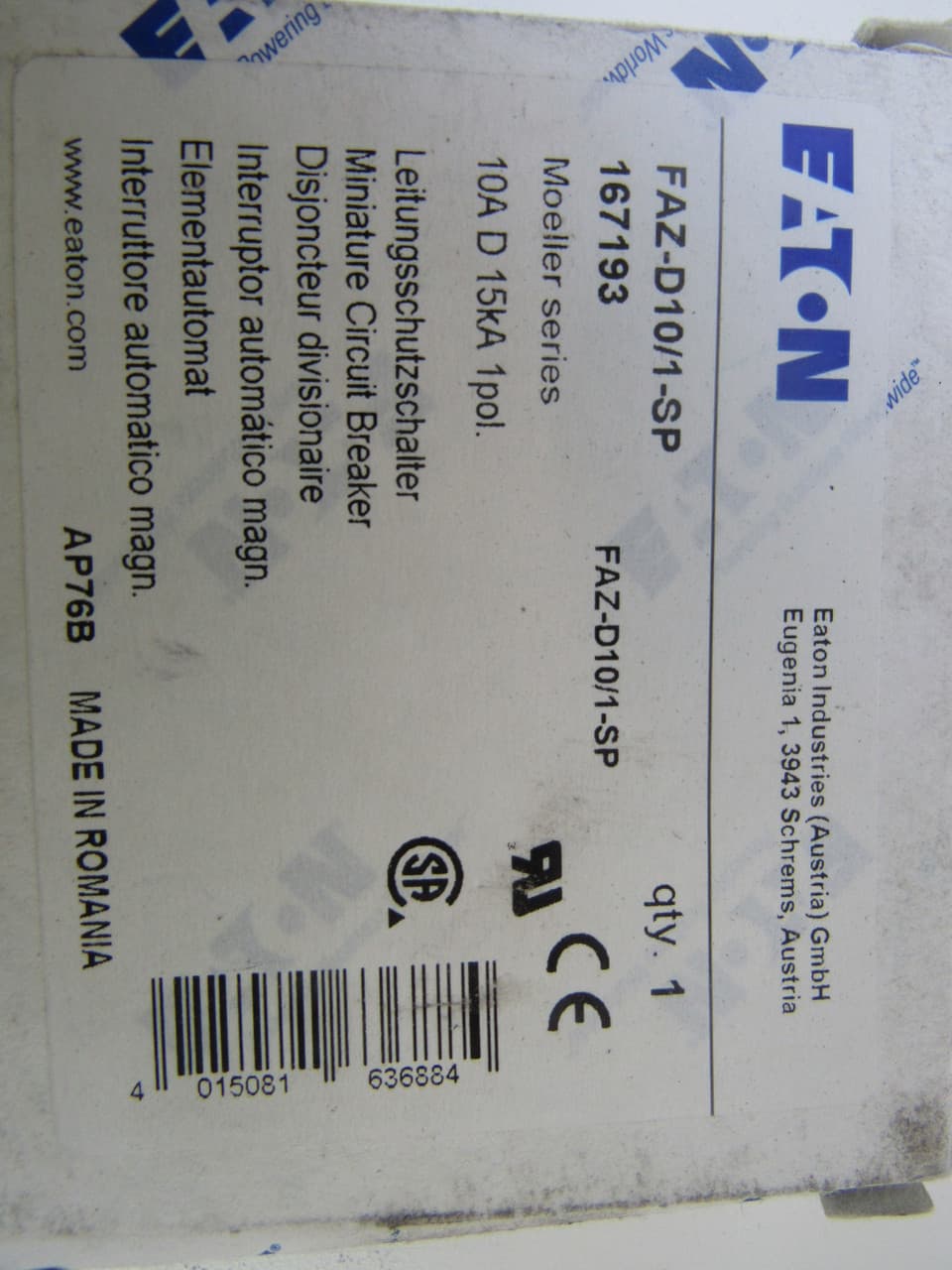 Eaton FAZ-D10/1-SP Eaton FAZ supplementary protector,UL 1077 Industrial miniature circuit breaker-supplementary protector,Single package,High levels of inrush current are expected,10 A,15 kAIC,Single-pole,277 V,10-20X/n,Q38,50-60 Hz,Standard terminals,D Curve Eaton FAZ-D10/1-SP Eaton FAZ supplementary protector,UL 1077 Industrial miniature circuit breaker-supplementary protector,Single package,High levels of inrush current are expected,10 A,15 kAIC,Single-pole,277 V,10-20X/n,Q38,50-60 Hz,Standard terminals,D Curve