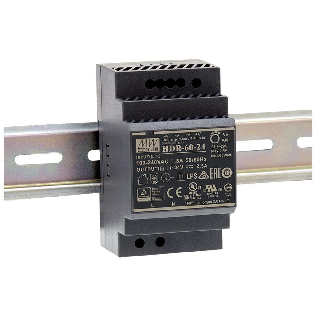 MEAN WELL HDR-60-15 AC-DC Ultra slim DIN rail power supply; Input range 85-264VAC; Output 15VDC at 4A; Pass LPS MEAN WELL HDR-60-15 AC-DC Ultra slim DIN rail power supply; Input range 85-264VAC; Output 15VDC at 4A; Pass LPS