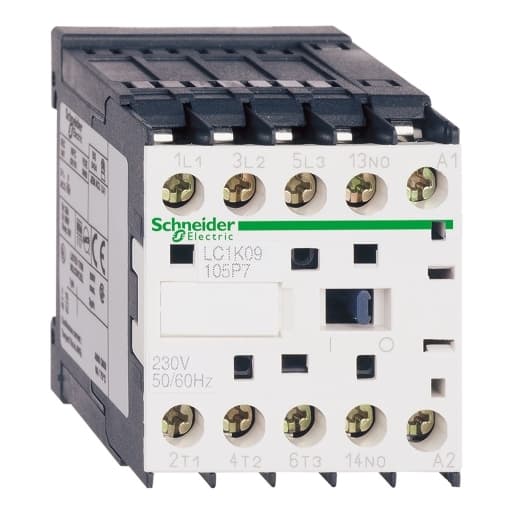 Schneider Electric LC1K06105B7 Schneider Electric LC1K06105B7 is a magnetic contactor within the K sub-range, featuring solder pins connections and equipped with 3 poles (3P; 3NO). It has a rated current of 20A under AC-1 conditions and 6A at 440Vac under AC-3 conditions. The contactor's net width is 45 mm and it offers a degree of protection rated at IP20. The control voltage (AC) ranges from 19.2 to 27.6Vac (with a nominal 24Vac at 50Hz/60Hz, and a voltage tolerance of 0.8...1.15 x Uc). Its rated operating voltage (Ue) reaches up to 690 V, and it includes 1 Normally Open (NO) auxiliary contact. The rated impulse voltage (Uimp) is 8 kV, and the rated active power varies from 1.5kW at 220-230Vac to 3kW at 660-690Vac, all under AC-3 conditions. This model does not have Normally Closed (NC) auxiliary contacts. Its mechanical durability is rated for 10,000,000 operations at no load, and the rated voltage (AC) phase-to-phase stands at 690 V. Schneider Electric LC1K06105B7 Schneider Electric LC1K06105B7 is a magnetic contactor within the K sub-range, featuring solder pins connections and equipped with 3 poles (3P; 3NO). It has a rated current of 20A under AC-1 conditions and 6A at 440Vac under AC-3 conditions. The contactor's net width is 45 mm and it offers a degree of protection rated at IP20. The control voltage (AC) ranges from 19.2 to 27.6Vac (with a nominal 24Vac at 50Hz/60Hz, and a voltage tolerance of 0.8...1.15 x Uc). Its rated operating voltage (Ue) reaches up to 690 V, and it includes 1 Normally Open (NO) auxiliary contact. The rated impulse voltage (Uimp) is 8 kV, and the rated active power varies from 1.5kW at 220-230Vac to 3kW at 660-690Vac, all under AC-3 conditions. This model does not have Normally Closed (NC) auxiliary contacts. Its mechanical durability is rated for 10,000,000 operations at no load, and the rated voltage (AC) phase-to-phase stands at 690 V.
