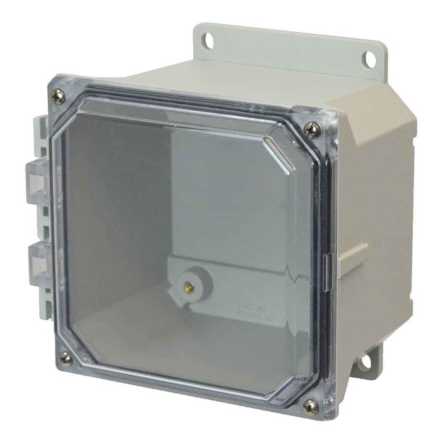 Allied Moulded Products AMU664CCF 6"x6"x4" ULTRALINE® fiberglass wall mount enclosure assembly with 4-screw lift-off clear cover Allied Moulded Products AMU664CCF 6"x6"x4" ULTRALINE® fiberglass wall mount enclosure assembly with 4-screw lift-off clear cover