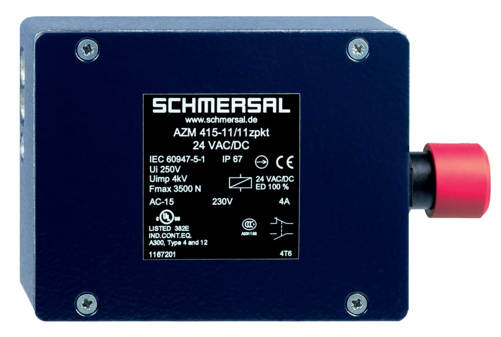 Schmersal AZM 415-02/02ZPKT 24VAC/DC Solenoid interlocks; Metal enclosure; Interlock with protection against incorrect locking.; Robust design; Long life; 2 cable entries M 20 x 1.5; Cut clamp termination Schmersal AZM 415-02/02ZPKT 24VAC/DC Solenoid interlocks; Metal enclosure; Interlock with protection against incorrect locking.; Robust design; Long life; 2 cable entries M 20 x 1.5; Cut clamp termination