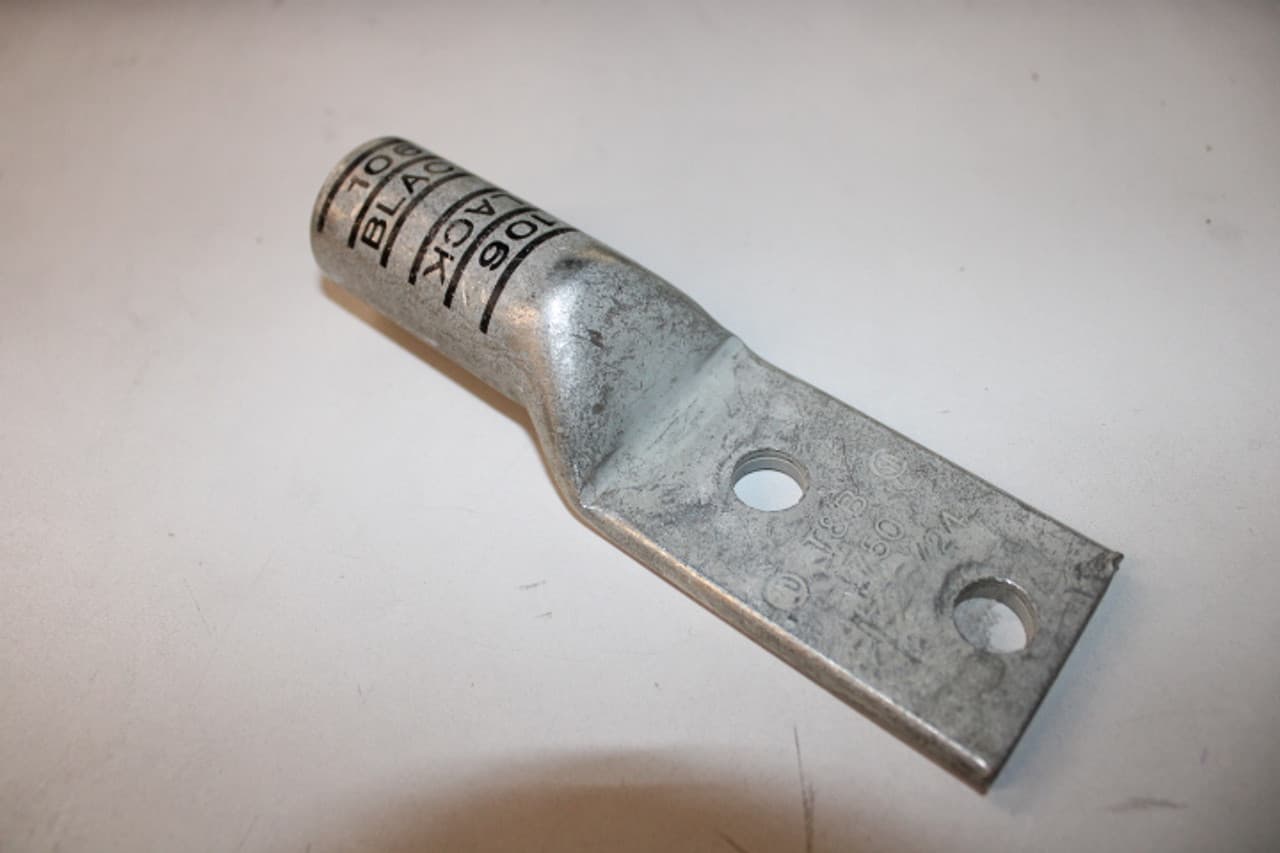 Thomas & Betts 54880BE 600 V to 35 kV, 1/2" Stud, 6.2" L, 750 KCMIL, Black, Electro Tin Plated Wrought Copper, 2-Hole, Long, Straight Barrel, Compression Cable Lug Thomas & Betts 54880BE 600 V to 35 kV, 1/2" Stud, 6.2" L, 750 KCMIL, Black, Electro Tin Plated Wrought Copper, 2-Hole, Long, Straight Barrel, Compression Cable Lug