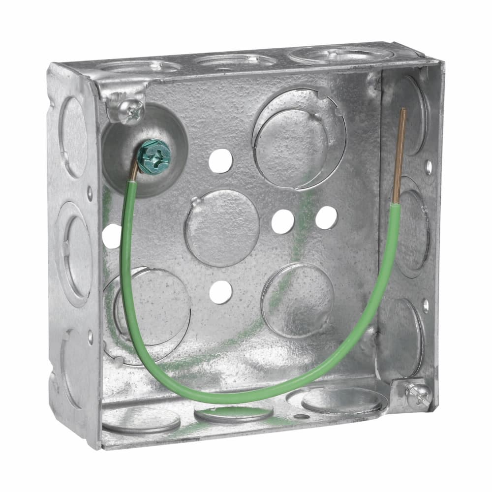 Eaton TP404PF Eaton Crouse-Hinds series Square Outlet Box, (2) 1/2", (2) 1/2", (1) 3/4" E, 4", Conduit (no clamps), Welded, 1-1/2", Steel, (8) 1/2",(4) 1/2", (1) 3/4" E, Includes ground screw with pigtail lead, 22.0 cubic inch capacity Eaton TP404PF Eaton Crouse-Hinds series Square Outlet Box, (2) 1/2", (2) 1/2", (1) 3/4" E, 4", Conduit (no clamps), Welded, 1-1/2", Steel, (8) 1/2",(4) 1/2", (1) 3/4" E, Includes ground screw with pigtail lead, 22.0 cubic inch capacity