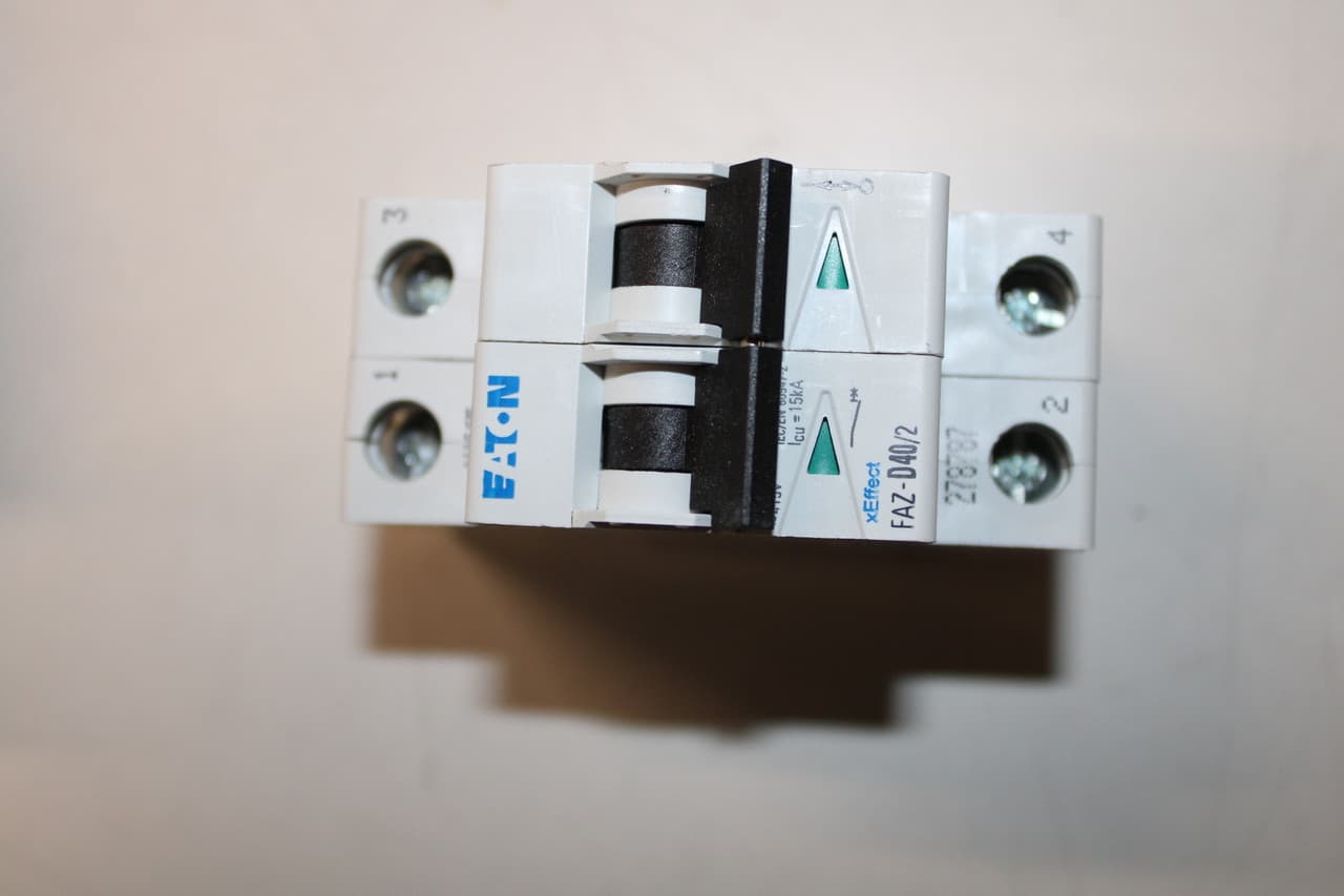 Eaton FAZ-D40/2 Eaton FAZ supplementary protector,UL 1077 Industrial miniature circuit breaker - supplementary protector,High levels of inrush current are expected,40 A,15 kAIC,Two-pole,10-20X /n,50-60 Hz,Standard terminals,D Curve Eaton FAZ-D40/2 Eaton FAZ supplementary protector,UL 1077 Industrial miniature circuit breaker - supplementary protector,High levels of inrush current are expected,40 A,15 kAIC,Two-pole,10-20X /n,50-60 Hz,Standard terminals,D Curve