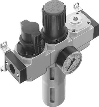 Festo 186042 service unit LFR-1/2-D-MAXI-KB-A consisting of manual on/off valve, filter regulator and distributor module, with mounting brackets. With automatic condensate drain. Size: Maxi, Series: D, Actuator lock: Rotary knob with lock, Assembly position: Vertical Festo 186042 service unit LFR-1/2-D-MAXI-KB-A consisting of manual on/off valve, filter regulator and distributor module, with mounting brackets. With automatic condensate drain. Size: Maxi, Series: D, Actuator lock: Rotary knob with lock, Assembly position: Vertical