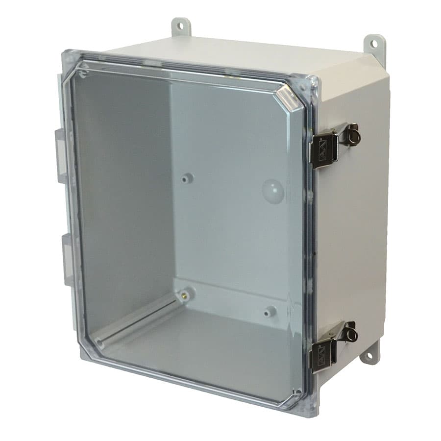 Allied Moulded Products AMP1206CCL 12"x10"x6" POLYLINE® polycarbonate wall mount enclosure assembly with hinged clear cover and stainless-steel snap latch Allied Moulded Products AMP1206CCL 12"x10"x6" POLYLINE® polycarbonate wall mount enclosure assembly with hinged clear cover and stainless-steel snap latch