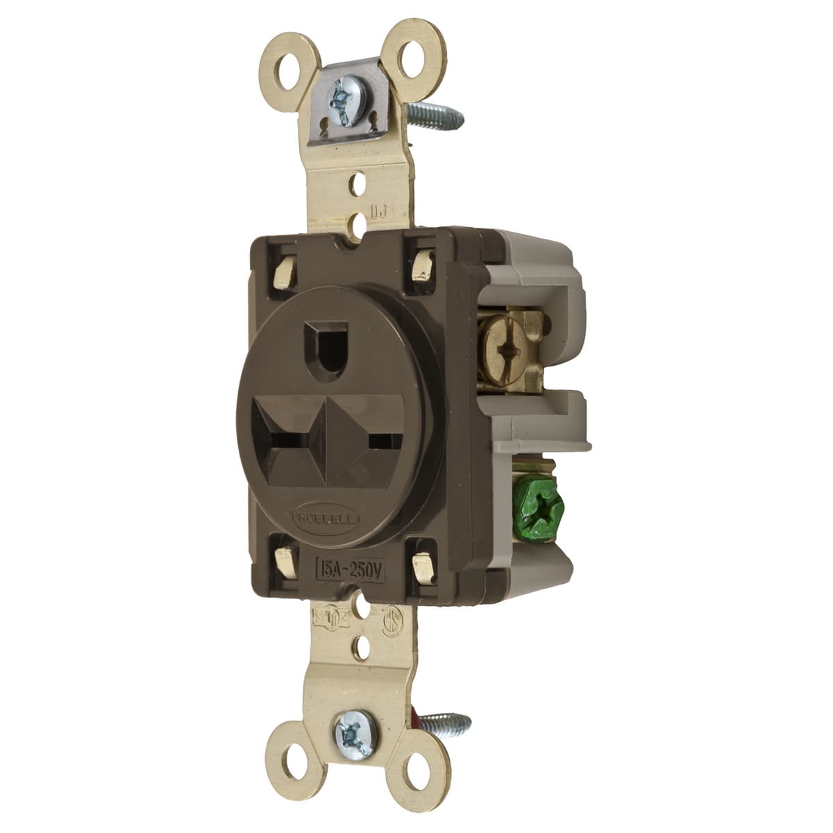 Hubbell HBL5661 Straight Blade Devices, Receptacles, Single, Specification Grade, 2-Pole 3-Wire Grounding, 15A 250V, 6-15R, Brown, Single Pack ; One-piece brass integral ground strap ; Unique bypass contact design ; Standard Hubbell HBL5661 Straight Blade Devices, Receptacles, Single, Specification Grade, 2-Pole 3-Wire Grounding, 15A 250V, 6-15R, Brown, Single Pack ; One-piece brass integral ground strap ; Unique bypass contact design ; Standard