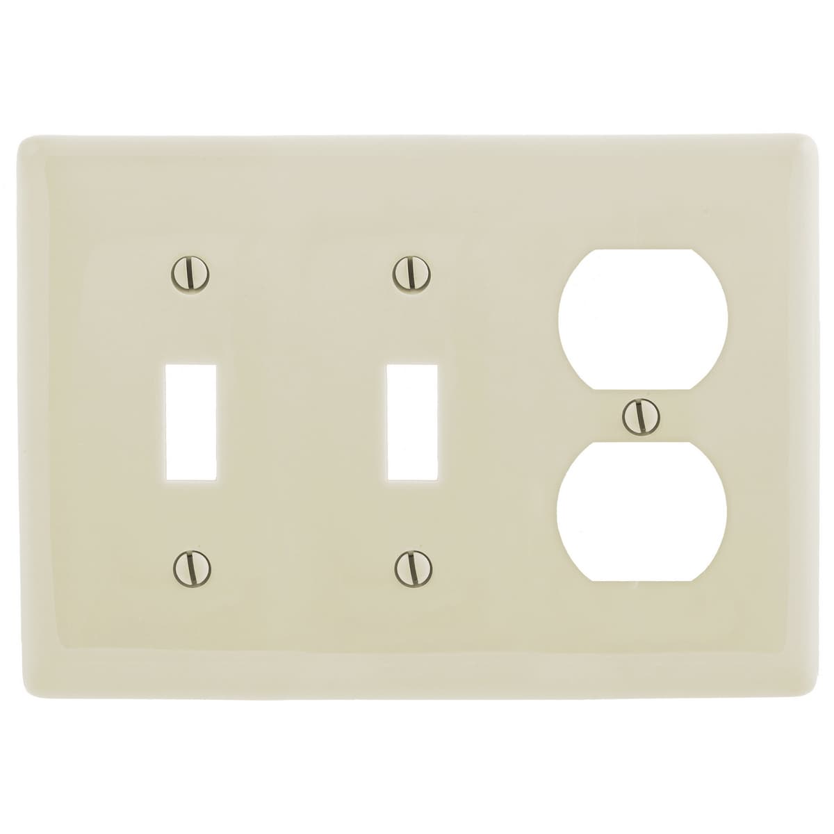 Hubbell NP28LA Wallplates and Box Covers, Wallplate, Nylon, 3-Gang, 2) Toggle 1) Duplex, Light Almond  ; Reinforcement ribs for extra strength ; High-impact, self-extinguishing nylon material ; Captive screw feature holds mounting screw in place ; Standard Size is 1/8"  Hubbell NP28LA Wallplates and Box Covers, Wallplate, Nylon, 3-Gang, 2) Toggle 1) Duplex, Light Almond  ; Reinforcement ribs for extra strength ; High-impact, self-extinguishing nylon material ; Captive screw feature holds mounting screw in place ; Standard Size is 1/8"