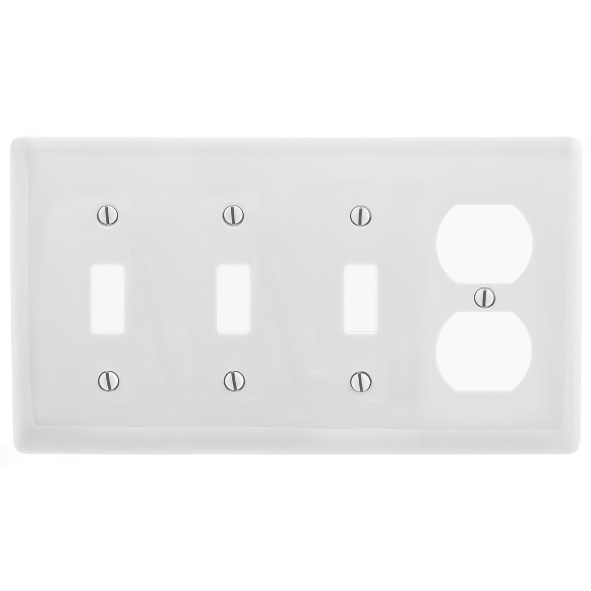 Hubbell NP38W Wallplates and Box Covers, Wallplate, Nylon, 4-Gang, 3) Toggle 1) Duplex, White  ; Reinforcement ribs for extra strength ; High-impact, self-extinguishing nylon material ; Captive screw feature holds mounting screw in place ; Standard Size is 1/8" larger  Hubbell NP38W Wallplates and Box Covers, Wallplate, Nylon, 4-Gang, 3) Toggle 1) Duplex, White  ; Reinforcement ribs for extra strength ; High-impact, self-extinguishing nylon material ; Captive screw feature holds mounting screw in place ; Standard Size is 1/8" larger