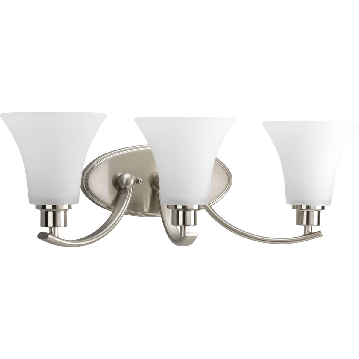 Hubbell P2002-09 Gleeful simplicity defines the Joy Collection. Refreshing and fashionable, arcing forms of metal and fluted glass shades are enhanced by a classic Brushed Nickel finish. Three white etched glass complete the look and allows you to coordinate well with oth Hubbell P2002-09 Gleeful simplicity defines the Joy Collection. Refreshing and fashionable, arcing forms of metal and fluted glass shades are enhanced by a classic Brushed Nickel finish. Three white etched glass complete the look and allows you to coordinate well with oth