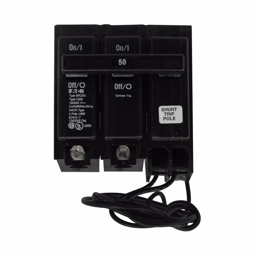 Eaton BR250ST BR250ST Eaton - Eaton BR thermal magnetic circuit breaker,Type BR 1-Inch plug-on shunt trip circuit breaker,50 A,10 kAIC,Two-pole,120/240V,BR,Common breaker trip,#14-4 AWG Cu/Al,Q28,BR,Type BR Loadcenters,Shunt trip included Eaton BR250ST BR250ST Eaton - Eaton BR thermal magnetic circuit breaker,Type BR 1-Inch plug-on shunt trip circuit breaker,50 A,10 kAIC,Two-pole,120/240V,BR,Common breaker trip,#14-4 AWG Cu/Al,Q28,BR,Type BR Loadcenters,Shunt trip included