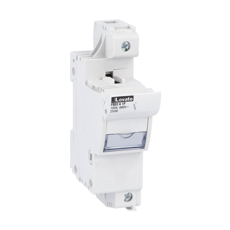 Lovato Electric FB03A1P FB03A1P Lovato - Fuse holder UL recognized and CSA certified, for 22X58mm fuses. 100A/125A rated current at 690VAC, 1P. Without status indicator. 1 module Lovato Electric FB03A1P FB03A1P Lovato - Fuse holder UL recognized and CSA certified, for 22X58mm fuses. 100A/125A rated current at 690VAC, 1P. Without status indicator. 1 module