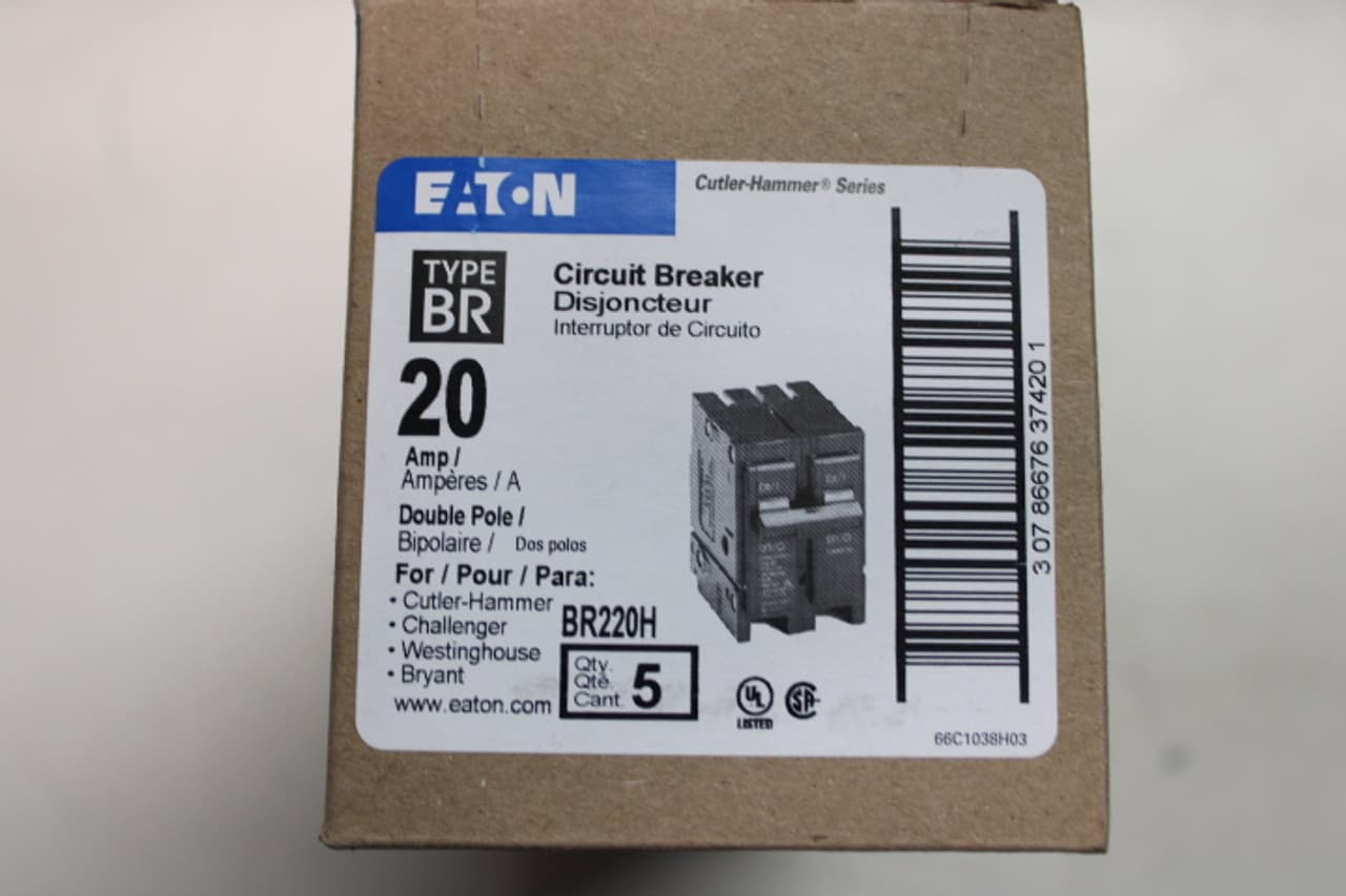 Eaton BR220H BR220H Eaton - Eaton BR thermal magnetic circuit breaker,Type BR 1-Inch plug-on high-magnetic circuit breaker,High-magnetic,20 A,10 kAIC,Two-pole,240V,BR,Common breaker trip,#14-4 AWG Cu/Al,Q28,BR,Type BR Loadcenters Eaton BR220H BR220H Eaton - Eaton BR thermal magnetic circuit breaker,Type BR 1-Inch plug-on high-magnetic circuit breaker,High-magnetic,20 A,10 kAIC,Two-pole,240V,BR,Common breaker trip,#14-4 AWG Cu/Al,Q28,BR,Type BR Loadcenters