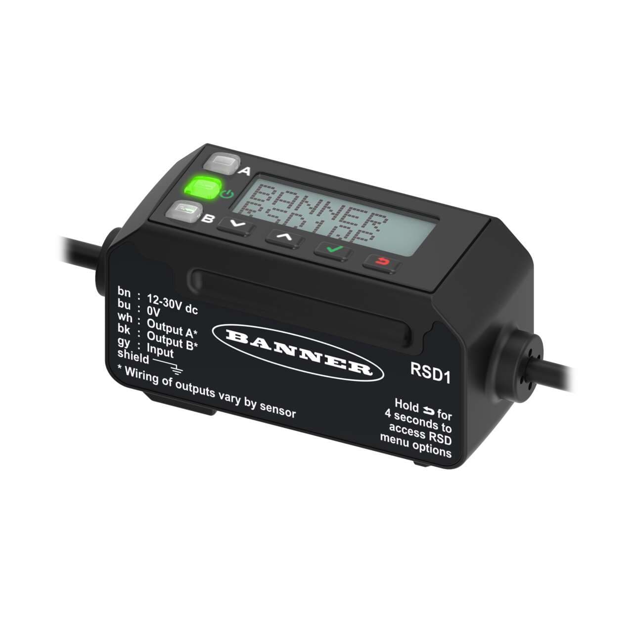 Banner RSD1QP RSD Series Remote Display; Single Sensor Support; Output: Depends on Sensor; 150 mm (6 in) 5-pin M12 PVC Pigtail Banner RSD1QP RSD Series Remote Display; Single Sensor Support; Output: Depends on Sensor; 150 mm (6 in) 5-pin M12 PVC Pigtail