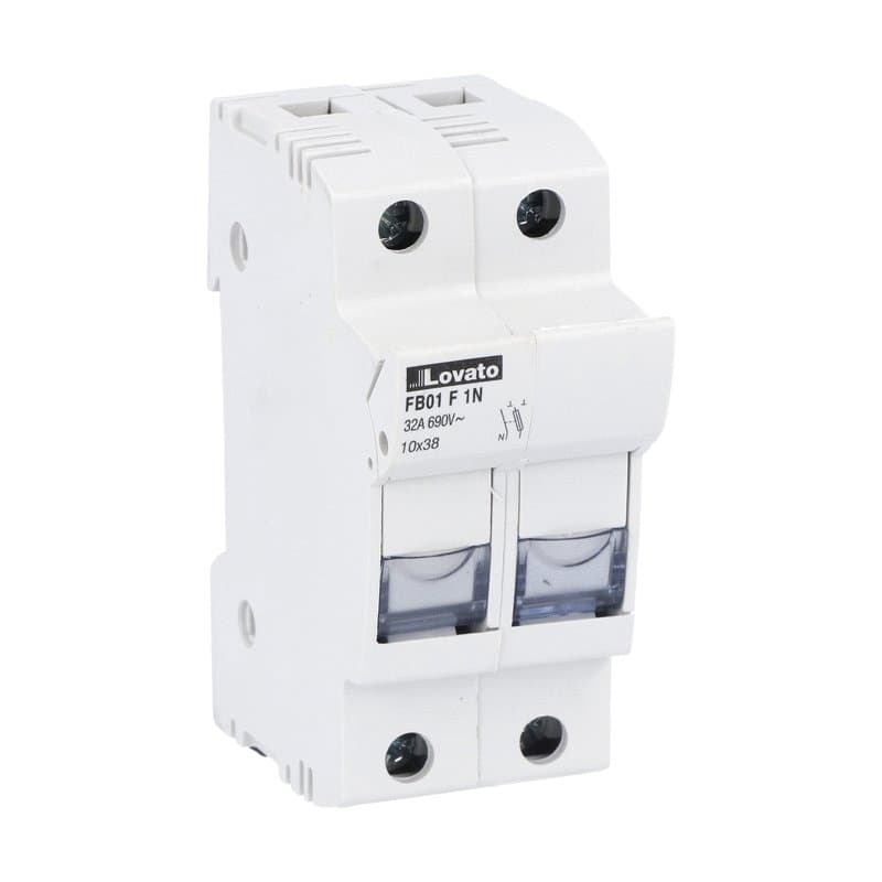 Lovato Electric FB01F1N FB01F1N Lovato - Fuse holder UL recognized and CSA certified, for 10X38mm fuses. 32A rated current at 690VAC, 1P+N. Without status indicator. 2 modules Lovato Electric FB01F1N FB01F1N Lovato - Fuse holder UL recognized and CSA certified, for 10X38mm fuses. 32A rated current at 690VAC, 1P+N. Without status indicator. 2 modules
