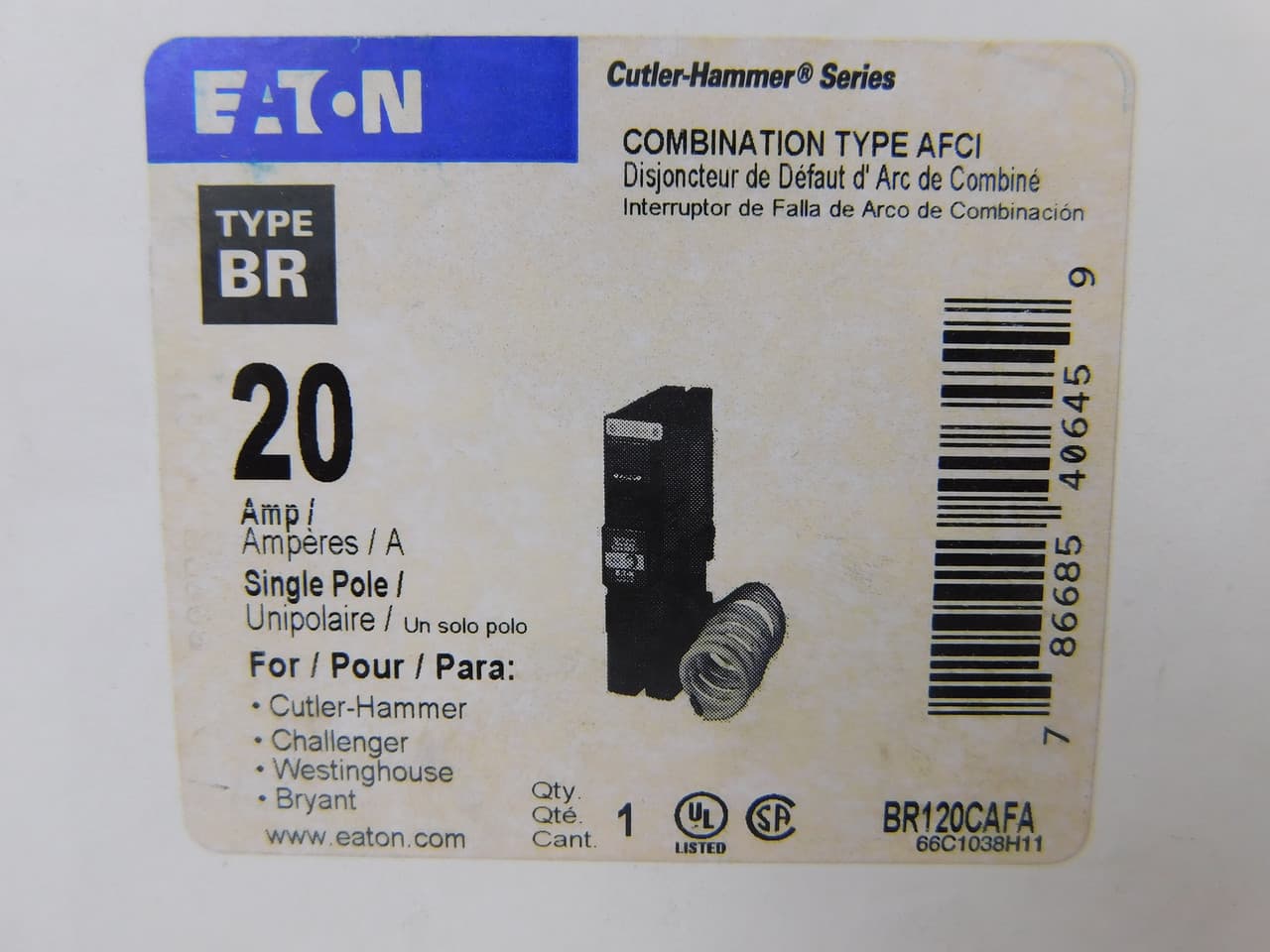 Eaton BR120CAFA 120/240 VAC, 20 A, 10 kA Interrupt, 1-Pole, Plug-On Mount, Arc Fault Circuit Breaker Eaton BR120CAFA 120/240 VAC, 20 A, 10 kA Interrupt, 1-Pole, Plug-On Mount, Arc Fault Circuit Breaker