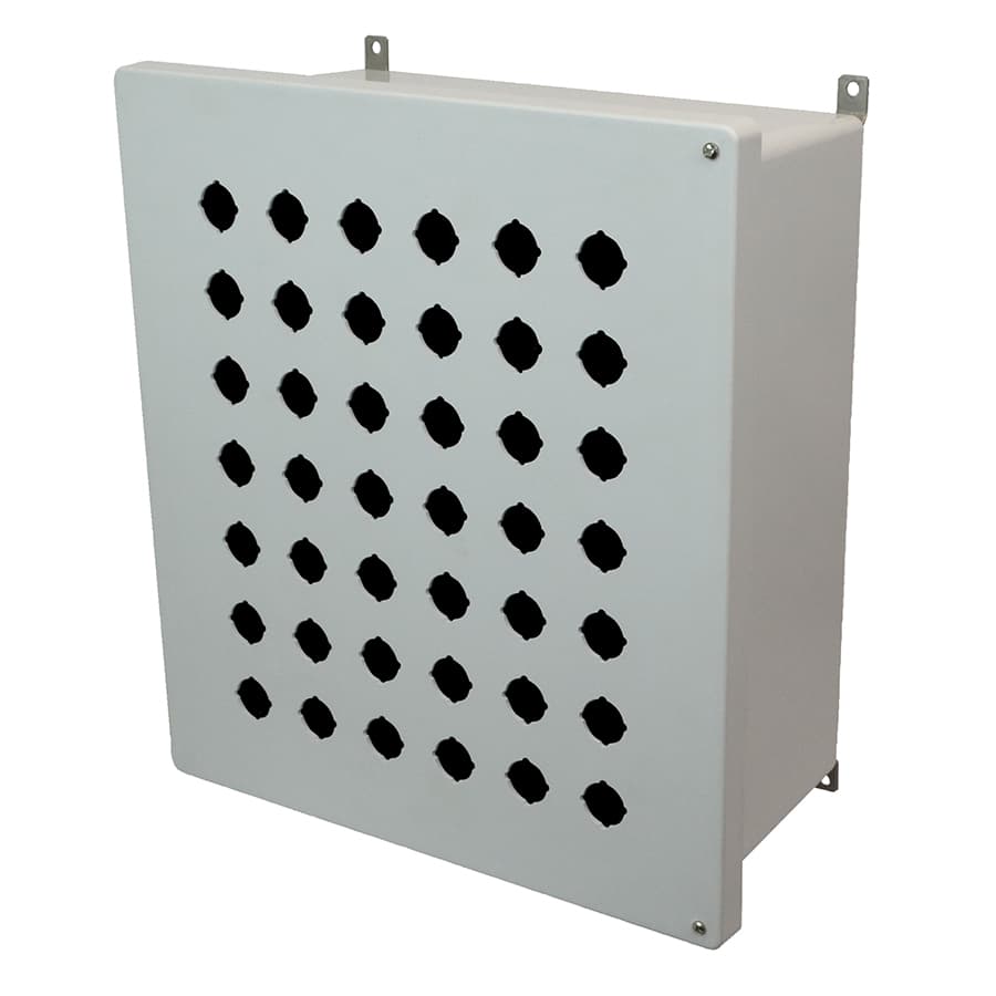 Allied Moulded Products AM1868HP42 18"x16"x8" AM Series fiberglass wall mount enclosure assembly with 2-screw hinged cover and 42 pushbutton holes Allied Moulded Products AM1868HP42 18"x16"x8" AM Series fiberglass wall mount enclosure assembly with 2-screw hinged cover and 42 pushbutton holes