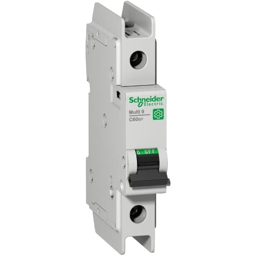 Schneider Electric M9F42101 Schneider Electric M9F42101 is a Miniature Circuit Breaker (MCB) within the C60BP sub-range, designed for a single pole configuration. It features a rated current of 1A and is compliant with UL489 standards. The MCB has a rated insulation voltage (Ui) of 500V, with a DC rated voltage of 60Vdc and an AC rated voltage of 240V phase-to-neutral and 415V phase-to-phase. It is equipped to handle rated impulse voltage (Uimp) of 6kV. The short circuit breaking rating is specified at 14kA AIR for both 120Vac and 240Vac, and 10kA AIR for 277Vac and 60Vdc. The protected pole count is 1, and it operates with a C tripping curve. Schneider Electric M9F42101 Schneider Electric M9F42101 is a Miniature Circuit Breaker (MCB) within the C60BP sub-range, designed for a single pole configuration. It features a rated current of 1A and is compliant with UL489 standards. The MCB has a rated insulation voltage (Ui) of 500V, with a DC rated voltage of 60Vdc and an AC rated voltage of 240V phase-to-neutral and 415V phase-to-phase. It is equipped to handle rated impulse voltage (Uimp) of 6kV. The short circuit breaking rating is specified at 14kA AIR for both 120Vac and 240Vac, and 10kA AIR for 277Vac and 60Vdc. The protected pole count is 1, and it operates with a C tripping curve.