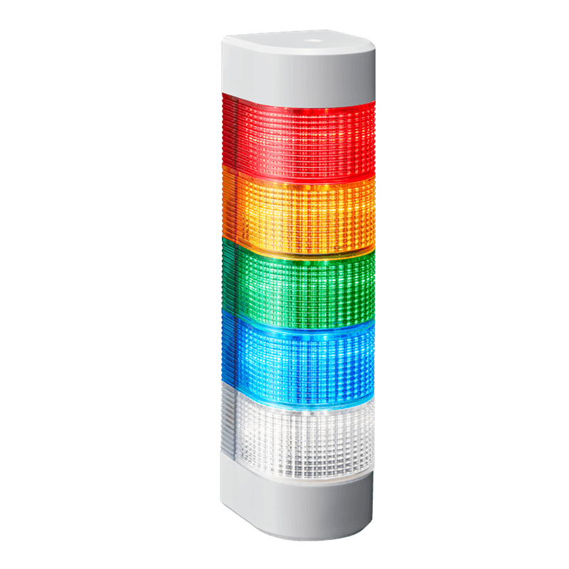 Patlite WME-5M2DFB-RYGBC 5-tier, 80mm Profile Wall Mount LED Signal Tower; Flashing/buzzer, Off-white body, Red, Amber, Green, Blue, White LED Lights Patlite WME-5M2DFB-RYGBC 5-tier, 80mm Profile Wall Mount LED Signal Tower; Flashing/buzzer, Off-white body, Red, Amber, Green, Blue, White LED Lights