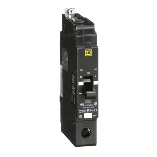 Schneider Electric EDB14035 Square D by Schneider Electric EDB14035 is a Miniature Circuit Breaker (MCB) designed for bolt-on mounting with a visual trip indicator. It features lugs type terminals and is rated for 277V AC. This MCB offers short-circuit and overload protection, functioning as both an Equipment Protection Device (EPD) and a Circuit Breaker (CB) with a breaking capacity code D. It utilizes an aluminium lugs connection and supports a rated current of 35A across 1 Pole(s). The cross-section compatibility ranges from 12-2/0AWG. Its short circuit breaking rating is specified at 25kA for 120Vac, 18kA for 240Vac, and 18kA for 277Vac. The EDB14035 employs a thermal-magnetic trip unit with protection settings at a trip unit rating of 1800A. Schneider Electric EDB14035 Square D by Schneider Electric EDB14035 is a Miniature Circuit Breaker (MCB) designed for bolt-on mounting with a visual trip indicator. It features lugs type terminals and is rated for 277V AC. This MCB offers short-circuit and overload protection, functioning as both an Equipment Protection Device (EPD) and a Circuit Breaker (CB) with a breaking capacity code D. It utilizes an aluminium lugs connection and supports a rated current of 35A across 1 Pole(s). The cross-section compatibility ranges from 12-2/0AWG. Its short circuit breaking rating is specified at 25kA for 120Vac, 18kA for 240Vac, and 18kA for 277Vac. The EDB14035 employs a thermal-magnetic trip unit with protection settings at a trip unit rating of 1800A.