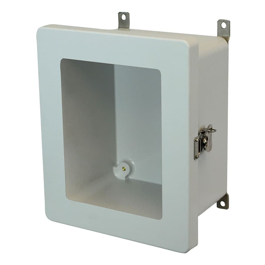 Allied Moulded Products AM864TW 8"x6"x4" AM Series fiberglass wall mount enclosure assembly with hinged window cover and stainless steel twist latch Allied Moulded Products AM864TW 8"x6"x4" AM Series fiberglass wall mount enclosure assembly with hinged window cover and stainless steel twist latch