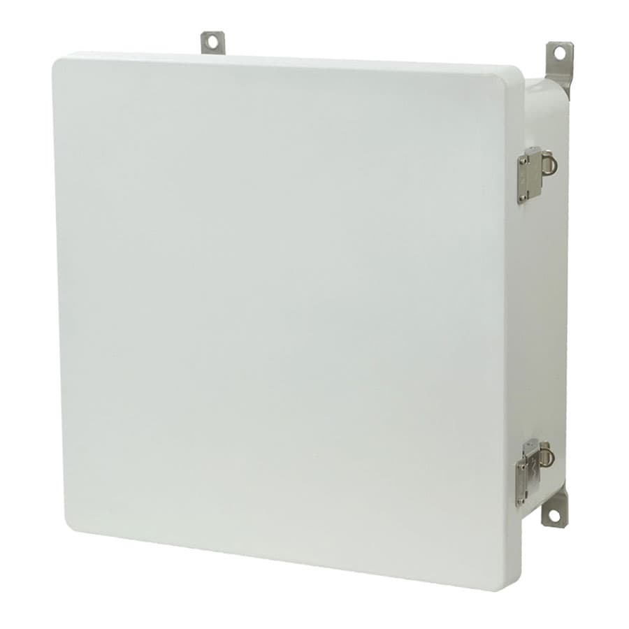 Allied Moulded Products AM1226L 12"x12"x6" AM Series fiberglass wall mount enclosure assembly with hinged cover and stainless-steel snap latch Allied Moulded Products AM1226L 12"x12"x6" AM Series fiberglass wall mount enclosure assembly with hinged cover and stainless-steel snap latch