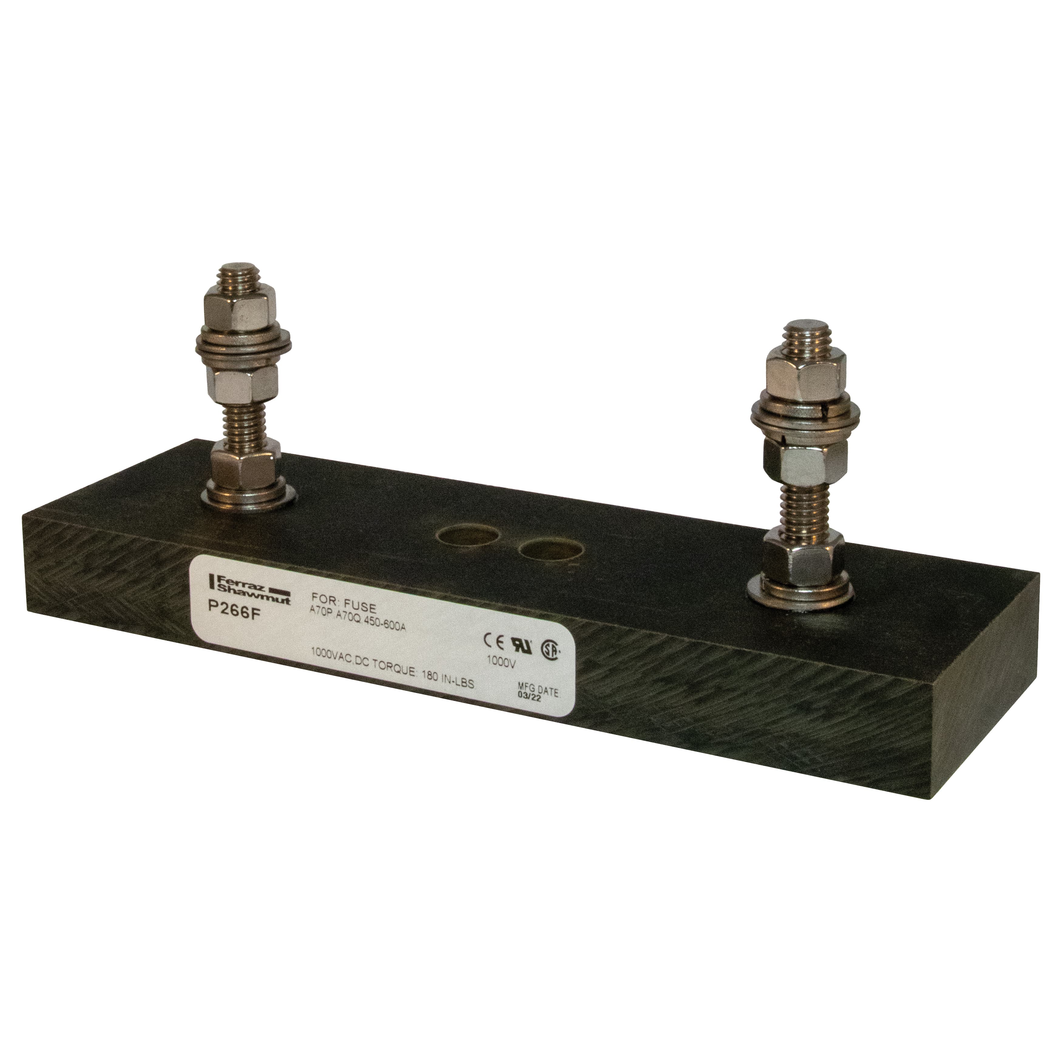 Mersen P266F P266F Mersen - Fuse Block 1000VAC 1000VDC 600A 1-Pole Stud center to center: 5.09 inch Mersen P266F P266F Mersen - Fuse Block 1000VAC 1000VDC 600A 1-Pole Stud center to center: 5.09 inch