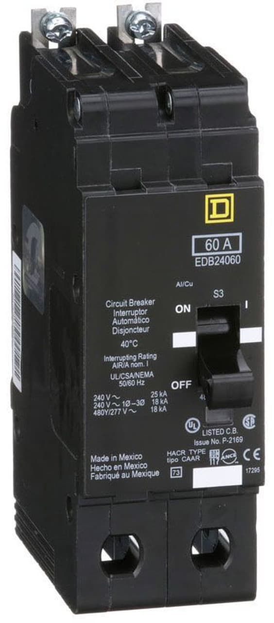 Schneider Electric EDB24060 Square D by Schneider Electric EDB24060 is a Miniature Circuit Breaker (MCB) designed for bolt-on mounting with a visual trip indicator. It features lugs type terminals and operates at a rated voltage of 480 V AC. This MCB serves as both an Equipment Protection Device (EPD) and a Circuit Breaker (CB) with a breaking capacity code D. It offers short-circuit and overload protection functions, utilizing an aluminium lugs connection. The EDB24060 is rated for a current of 60A and is a 2 Pole device, accommodating a cross-section of 12-2/0AWG. It has a short circuit breaking rating of 25kA at 120Vac and 240Vac, and 18kA at 480Y/277Vac. The trip unit is of a thermal-magnetic type with protection settings featuring a trip unit rating of 1800A. Schneider Electric EDB24060 Square D by Schneider Electric EDB24060 is a Miniature Circuit Breaker (MCB) designed for bolt-on mounting with a visual trip indicator. It features lugs type terminals and operates at a rated voltage of 480 V AC. This MCB serves as both an Equipment Protection Device (EPD) and a Circuit Breaker (CB) with a breaking capacity code D. It offers short-circuit and overload protection functions, utilizing an aluminium lugs connection. The EDB24060 is rated for a current of 60A and is a 2 Pole device, accommodating a cross-section of 12-2/0AWG. It has a short circuit breaking rating of 25kA at 120Vac and 240Vac, and 18kA at 480Y/277Vac. The trip unit is of a thermal-magnetic type with protection settings featuring a trip unit rating of 1800A.