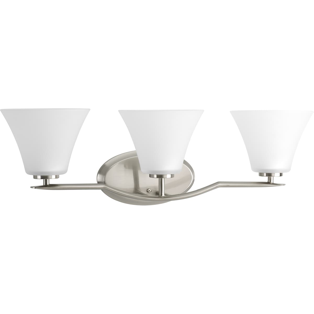 Hubbell P2006-09 Three-light bath finished in Brushed Nickel with etched glass shades scaled across a slightly arching, pointed arm. Generously balanced glass shades add distinction and provide pleasing illumination to your room. Coordinating fixtures from this collection Hubbell P2006-09 Three-light bath finished in Brushed Nickel with etched glass shades scaled across a slightly arching, pointed arm. Generously balanced glass shades add distinction and provide pleasing illumination to your room. Coordinating fixtures from this collection
