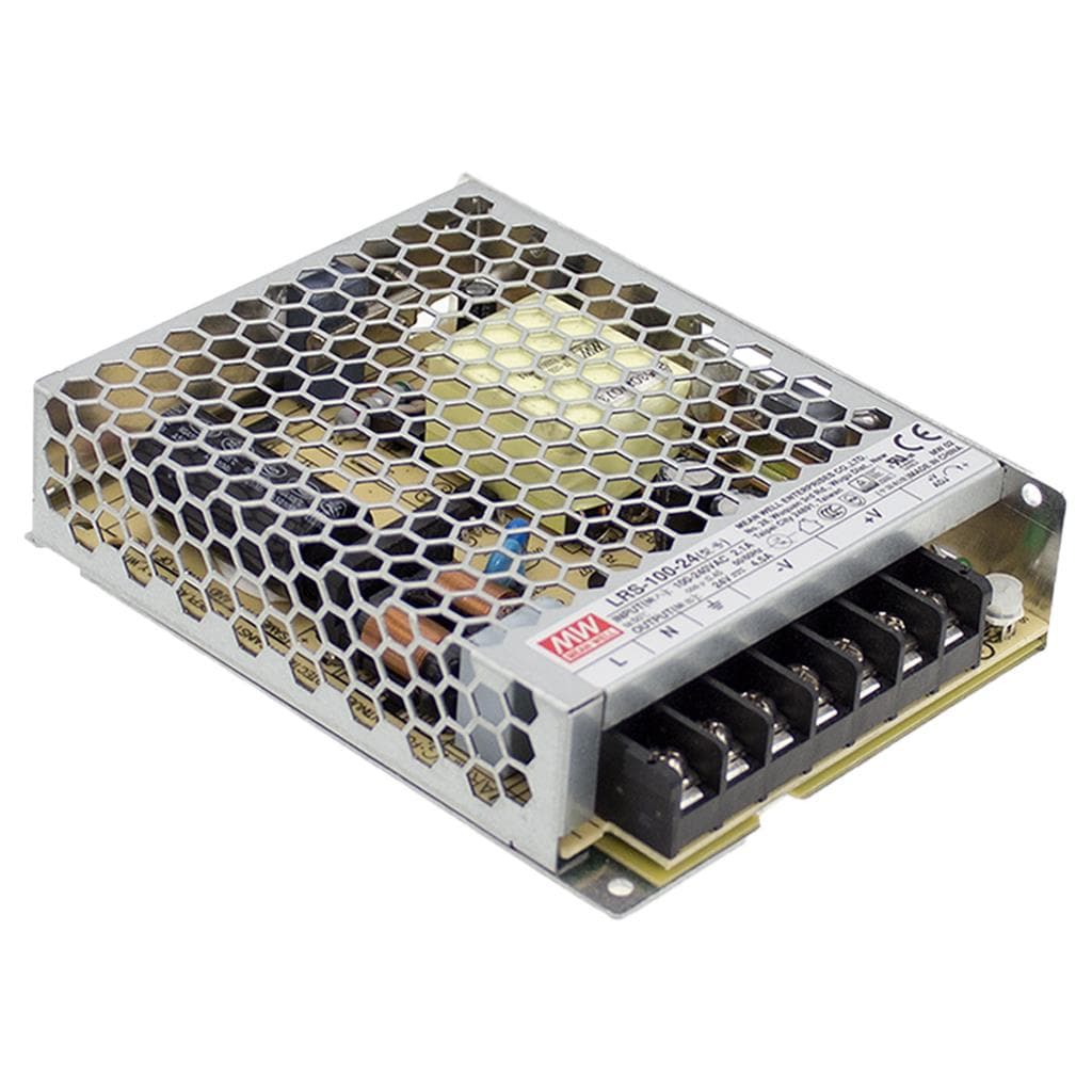 MEAN WELL LRS-100-24 AC-DC Single output enclosed power supply; Universal AC input; Output 24Vdc at 4.5A; Up to 5G vibration; 1U low profile MEAN WELL LRS-100-24 AC-DC Single output enclosed power supply; Universal AC input; Output 24Vdc at 4.5A; Up to 5G vibration; 1U low profile