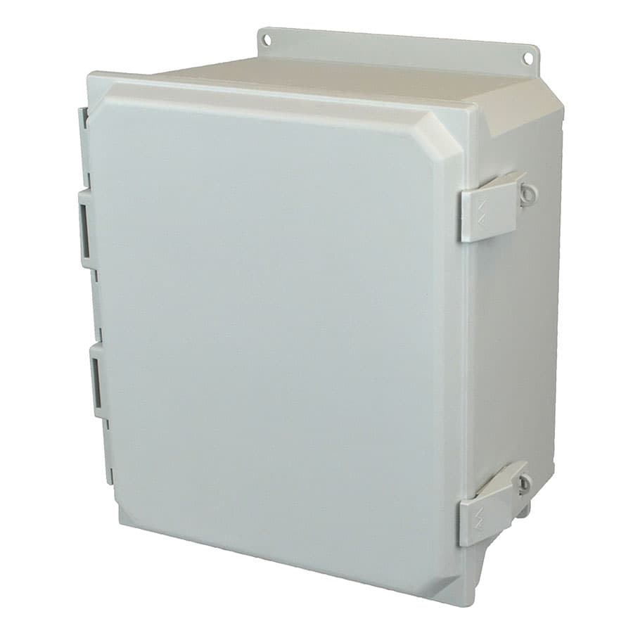 Allied Moulded Products AMU1426NLF 14"x12"x6" ULTRALINE® fiberglass wall mount enclosure assembly with hinged cover and nonmetal snap latch Allied Moulded Products AMU1426NLF 14"x12"x6" ULTRALINE® fiberglass wall mount enclosure assembly with hinged cover and nonmetal snap latch