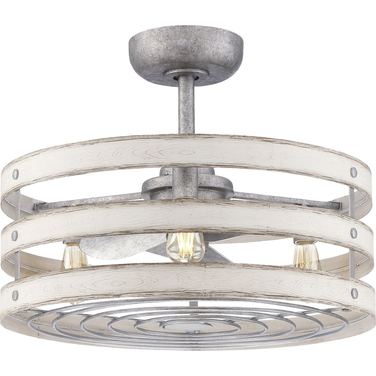 Hubbell P250012-141-22 Simultaneously cool and illuminate your farmhouse or seaside home with the Gulliver ceiling fan. Three Antique White Wood bands wrap together to create a rustic, open-cage design that offers style while generating a revitalizing, cool breeze. ; A hand-pa Hubbell P250012-141-22 Simultaneously cool and illuminate your farmhouse or seaside home with the Gulliver ceiling fan. Three Antique White Wood bands wrap together to create a rustic, open-cage design that offers style while generating a revitalizing, cool breeze. ; A hand-pa
