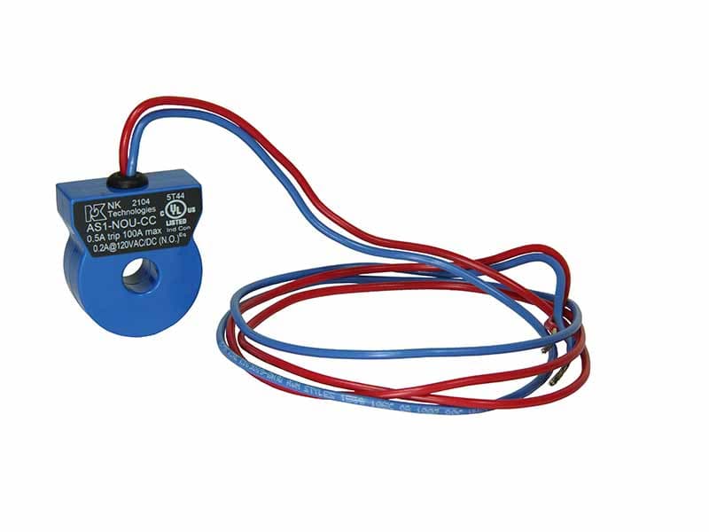 NK Technologies AS1-NOU-CC AC Current Switch, Solid Core, Fixed 0.5 Amp Maximum Setpoint, Top Terminals with 24" Leads, N.O., 0.15 A @ 120 VAC/VDC NK Technologies AS1-NOU-CC AC Current Switch, Solid Core, Fixed 0.5 Amp Maximum Setpoint, Top Terminals with 24" Leads, N.O., 0.15 A @ 120 VAC/VDC