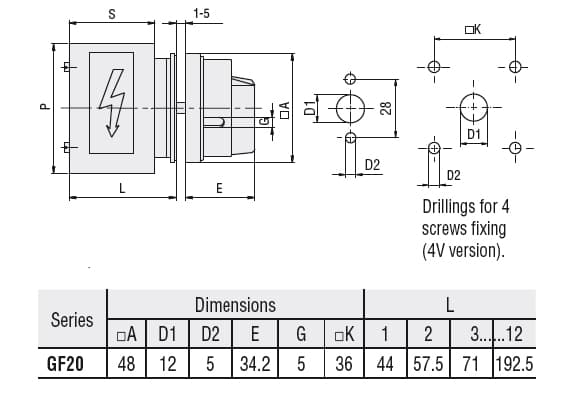 Lovato Electric GF2025U25 GF2025U25 Lovato - Rotary cam switch GF series, 1-phase motor reversing switch with spring return 20A, for front mounting with red/yellow handle padlockable in 0 and protection covers, front plate 48X48mm Lovato Electric GF2025U25 GF2025U25 Lovato - Rotary cam switch GF series, 1-phase motor reversing switch with spring return 20A, for front mounting with red/yellow handle padlockable in 0 and protection covers, front plate 48X48mm