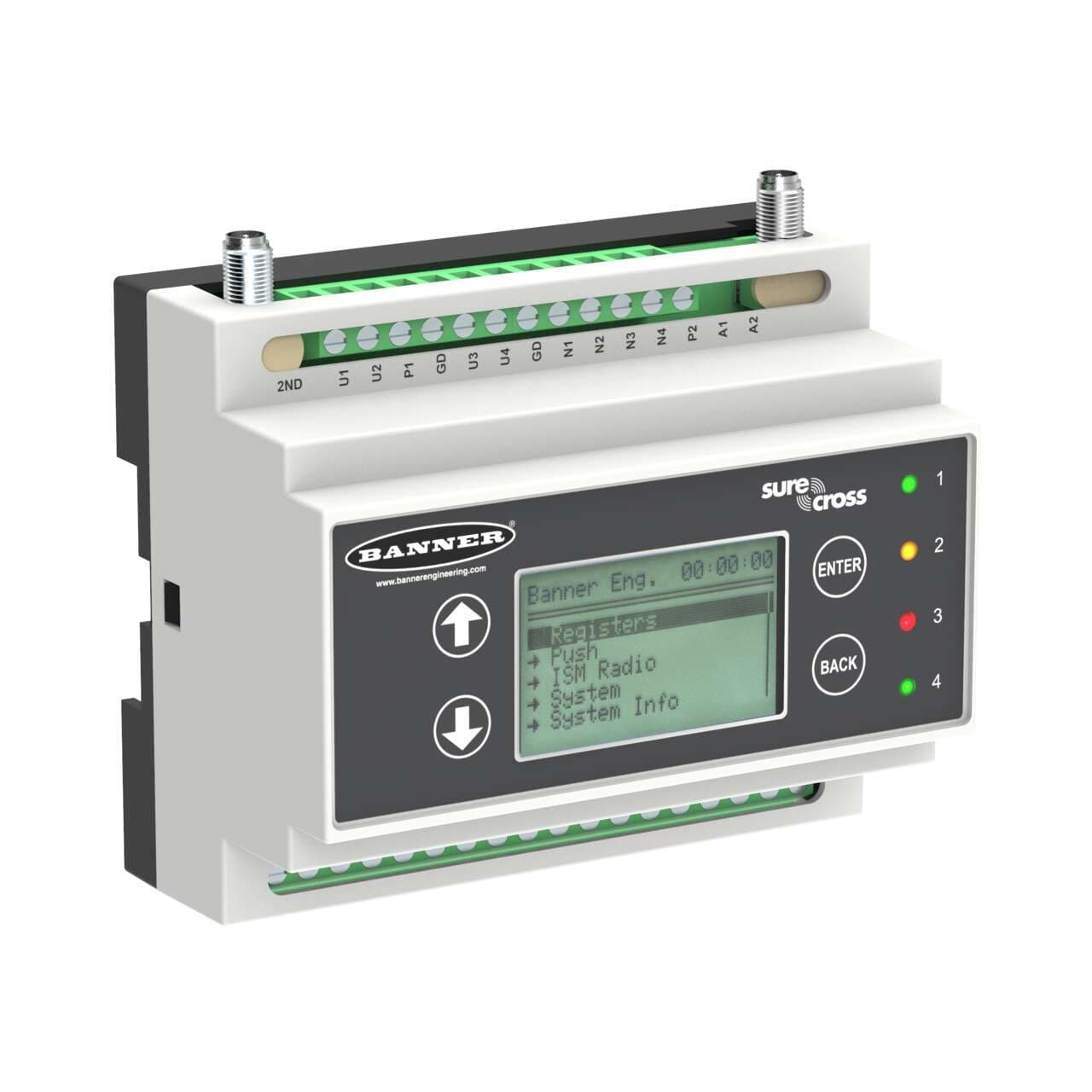 Banner DXM100-B2 DXM100 Controller; I/O Base Board Only; Inputs: 4 Universal, SDI-12 Interface; Outputs: 4 NMOS Discrete, 2 Analog, 2 DC Latching, 2 Switched Power, 1 Courtesy Power; SAM4 processor, LCD Display; RS485, Ethernet, USB, Solar/Battery Controller Banner DXM100-B2 DXM100 Controller; I/O Base Board Only; Inputs: 4 Universal, SDI-12 Interface; Outputs: 4 NMOS Discrete, 2 Analog, 2 DC Latching, 2 Switched Power, 1 Courtesy Power; SAM4 processor, LCD Display; RS485, Ethernet, USB, Solar/Battery Controller