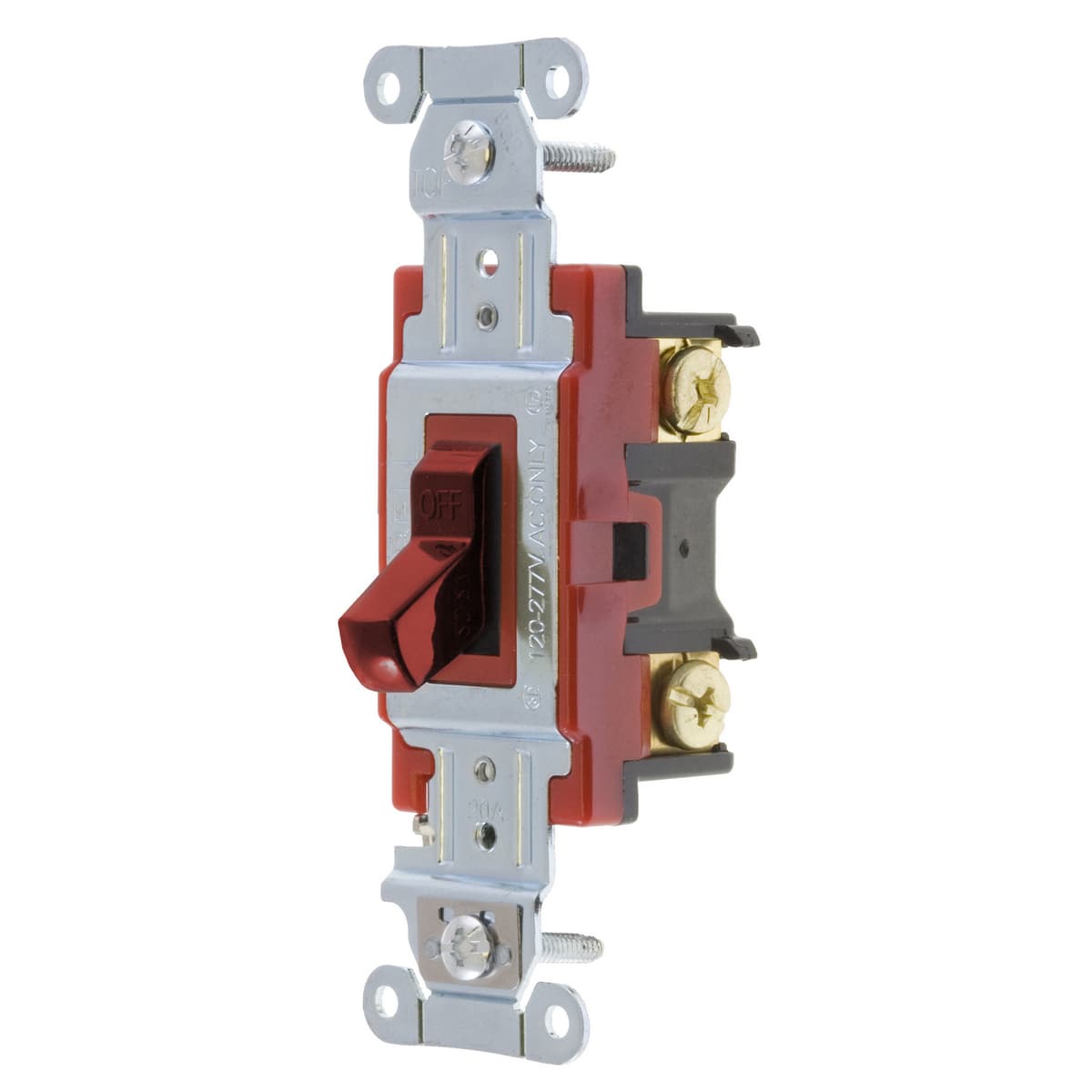 Hubbell 1221R Switches and Lighting Controls, Hubbell- PRO Series, Toggle Switches, General Purpose AC, Single Pole, 20A 120/277V AC, Back and Side Wired, Red ; Steel, zinc plated bridge is corrosion resistant ; Color Coded by Amperage makes inspection easy even when Hubbell 1221R Switches and Lighting Controls, Hubbell- PRO Series, Toggle Switches, General Purpose AC, Single Pole, 20A 120/277V AC, Back and Side Wired, Red ; Steel, zinc plated bridge is corrosion resistant ; Color Coded by Amperage makes inspection easy even when