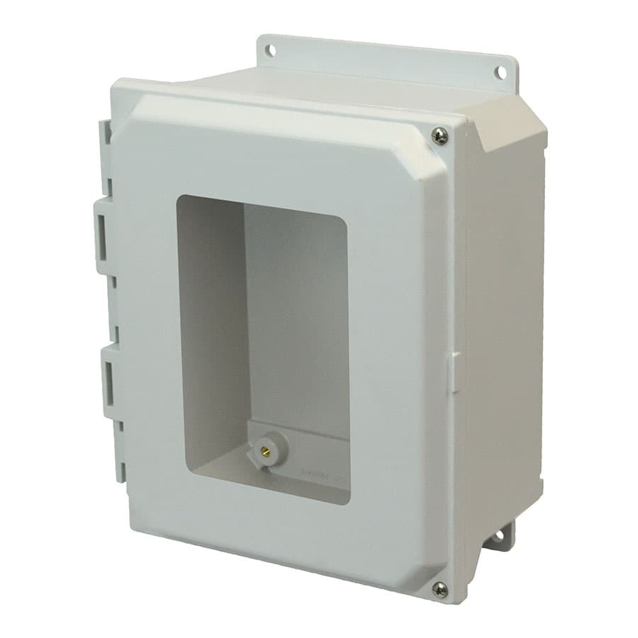 Allied Moulded Products AMU864HWF 8"x6"x4" ULTRALINE® fiberglass wall mount enclosure assembly with 2-screw hinged window cover Allied Moulded Products AMU864HWF 8"x6"x4" ULTRALINE® fiberglass wall mount enclosure assembly with 2-screw hinged window cover