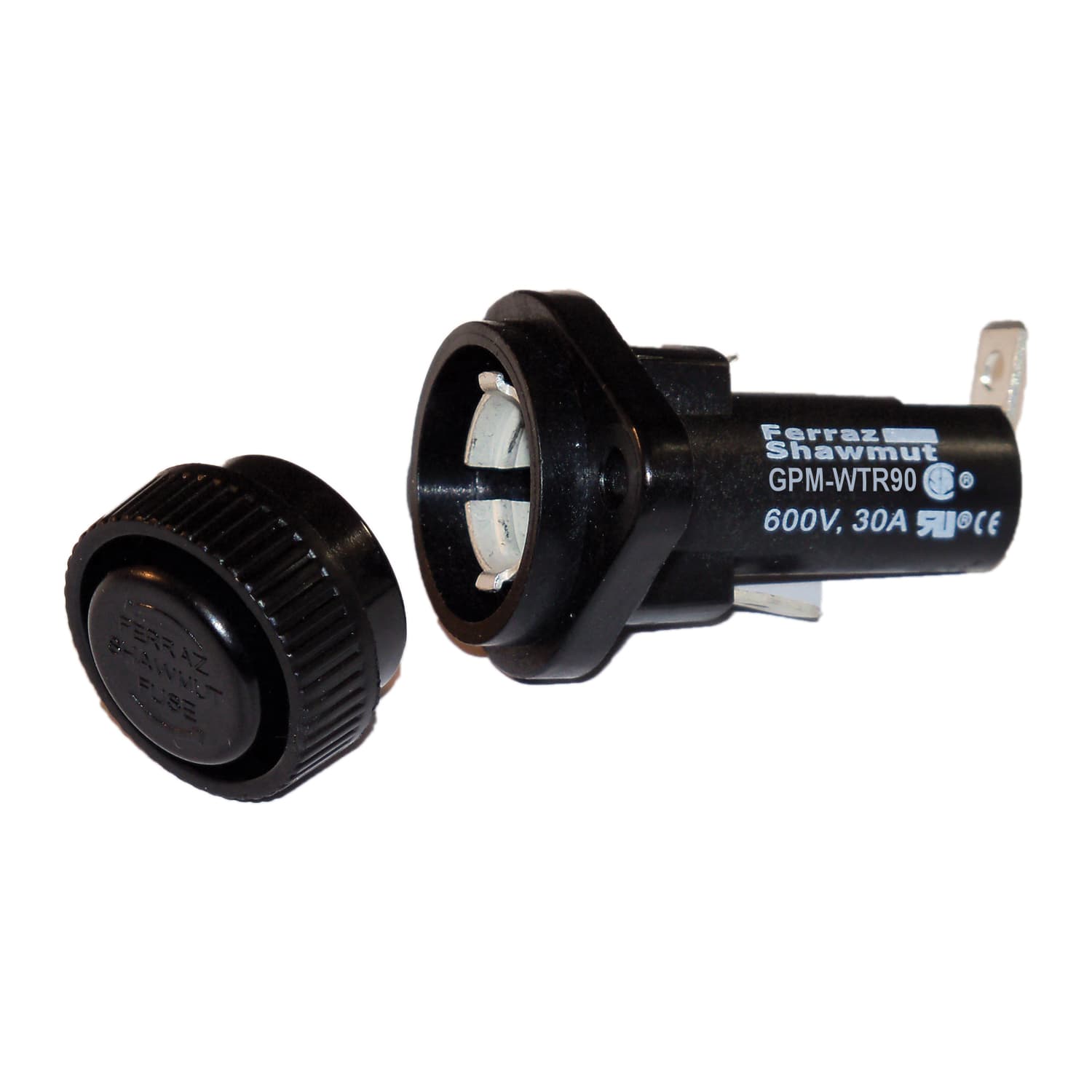 Mersen GPM-WTR90 GPM-WTR90 Mersen - Fuse Block 600VAC 600VDC Class CC 30A 1/4in Quick Connect / Solder 90 angle Water-tight Screw Knob Panel Mount Mersen GPM-WTR90 GPM-WTR90 Mersen - Fuse Block 600VAC 600VDC Class CC 30A 1/4in Quick Connect / Solder 90 angle Water-tight Screw Knob Panel Mount